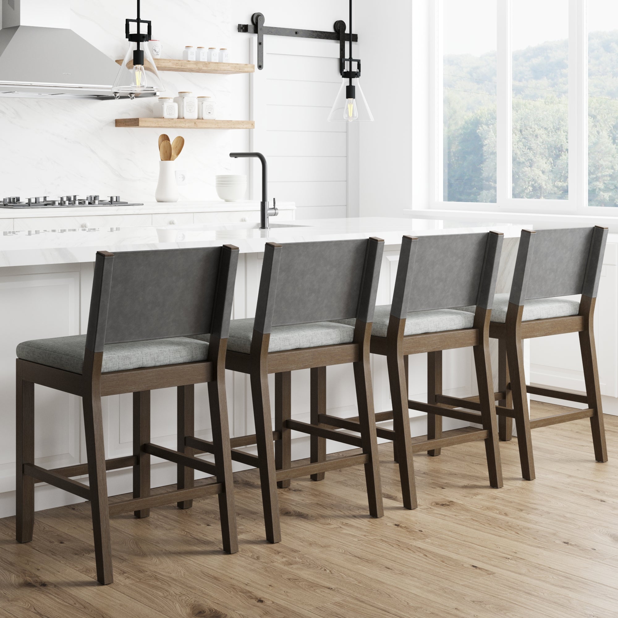 Wood Counter Height Bar Stools Dark Brown Ivory (Set of 4)