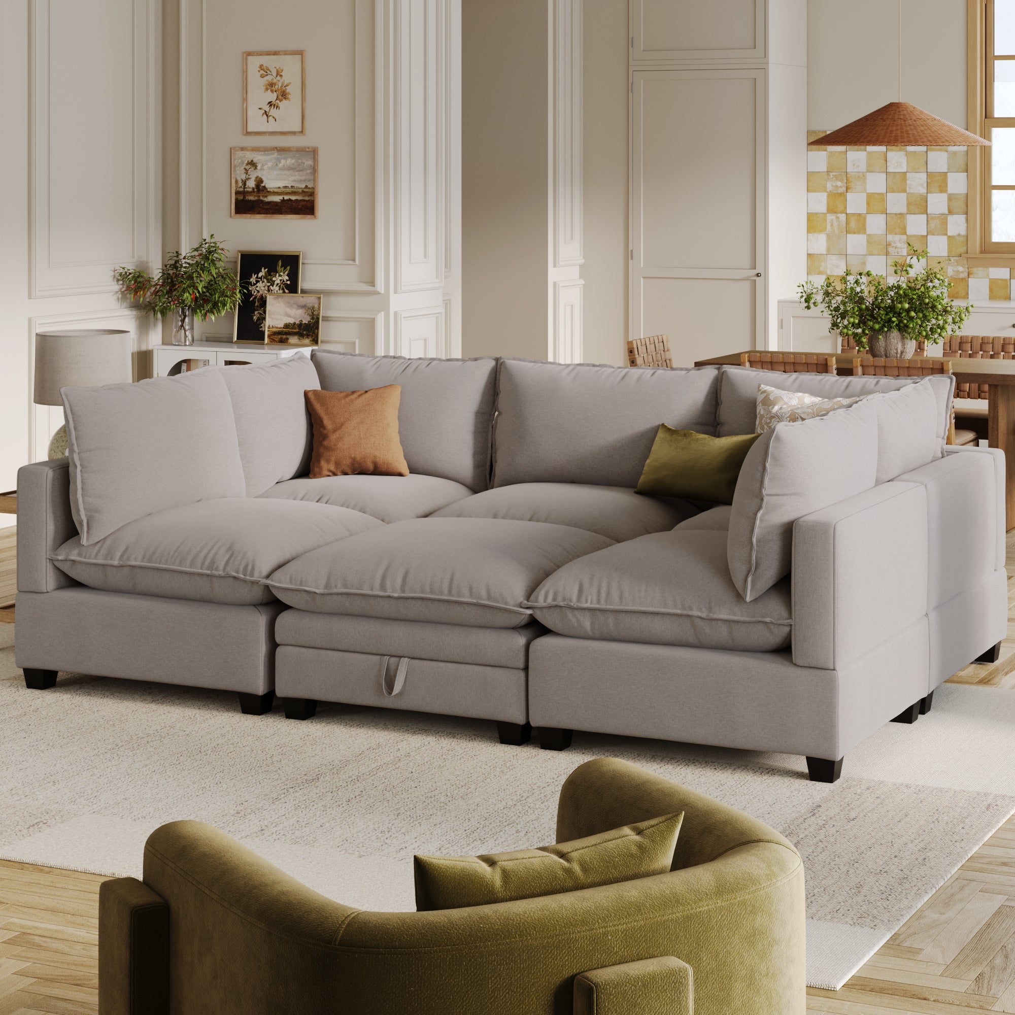 Soft Fabric 6-Piece Cloud Modular Pit Sofa Couch Beige