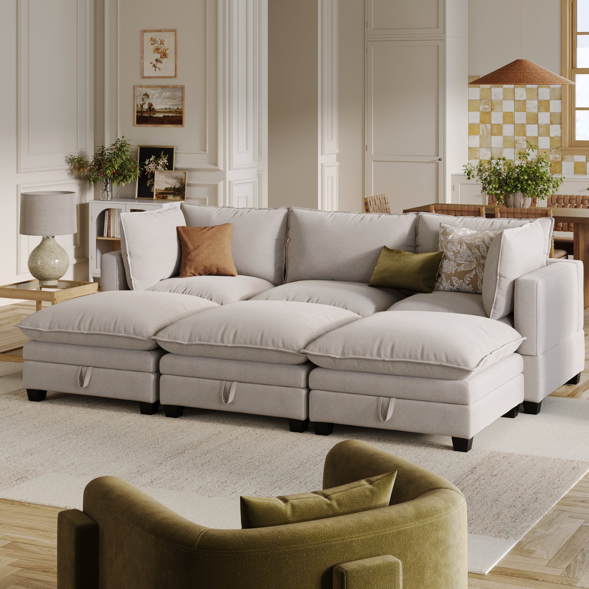 Soft Fabric 6-Piece Armless Cloud Modular Pit Sofa Couch Beige