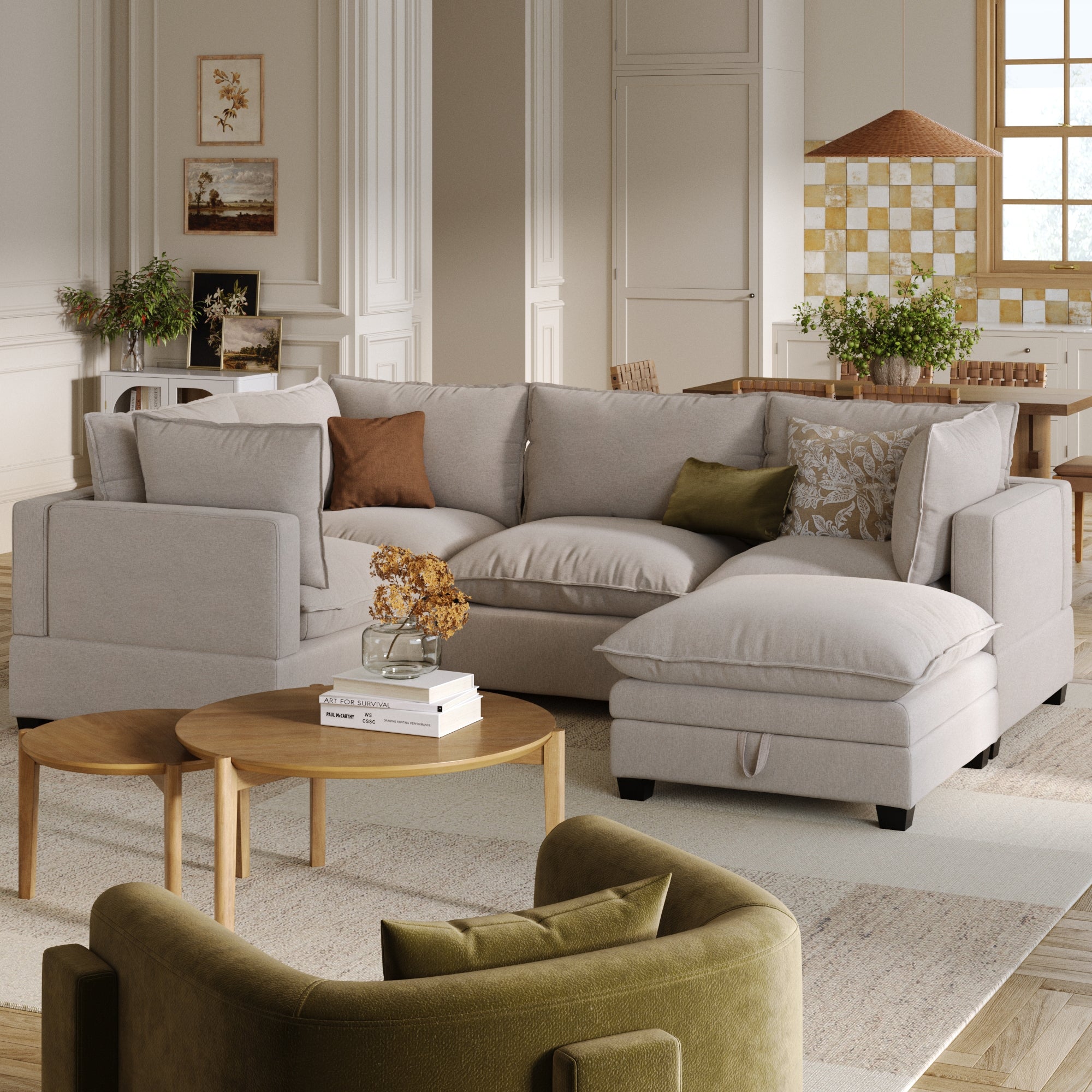 Soft Fabric 4-Seat Sectional Cloud Sofa Couch & Storage Ottoman Beige