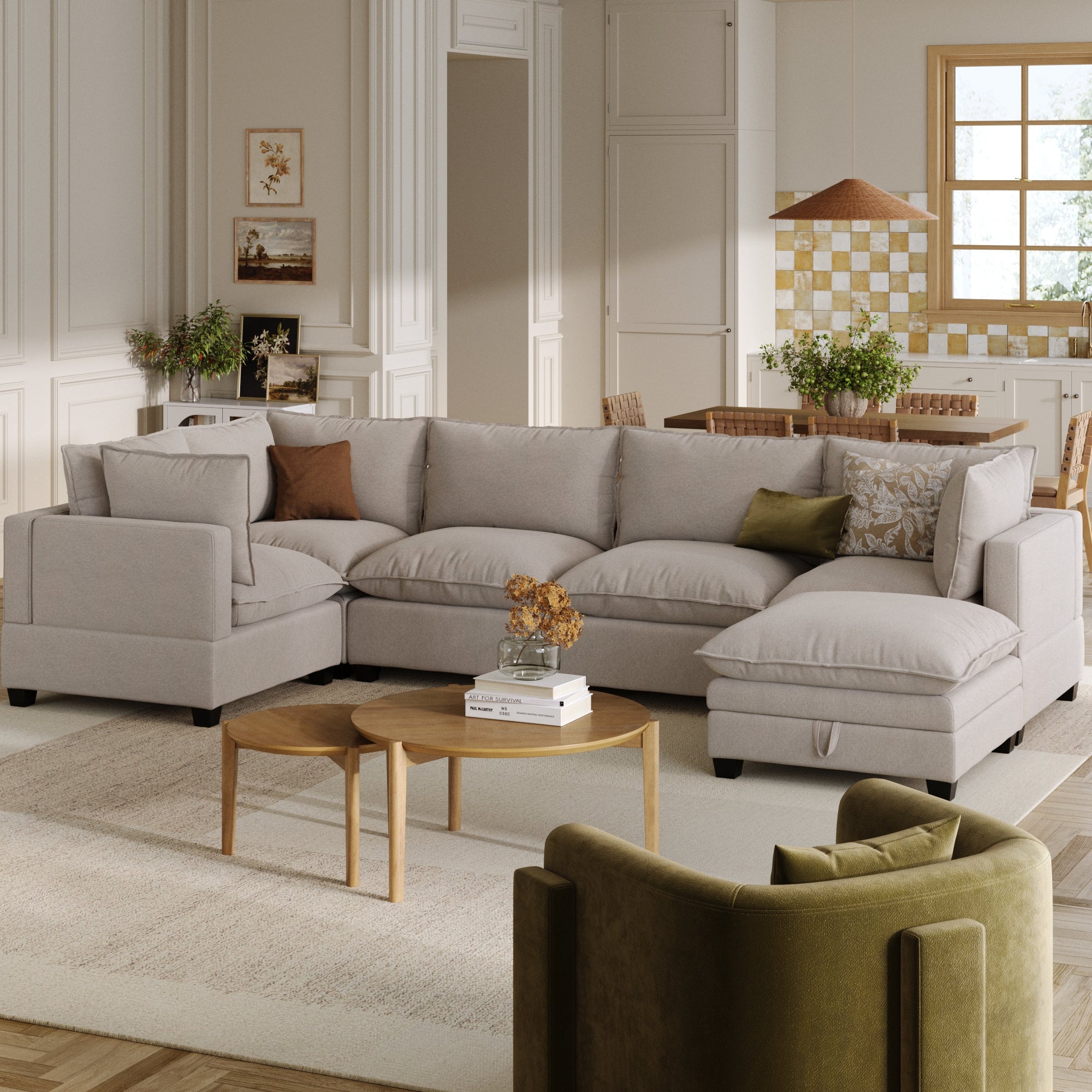 Soft Fabric 5-Seat Sectional Cloud Sofa Couch & Storage Ottoman Beige