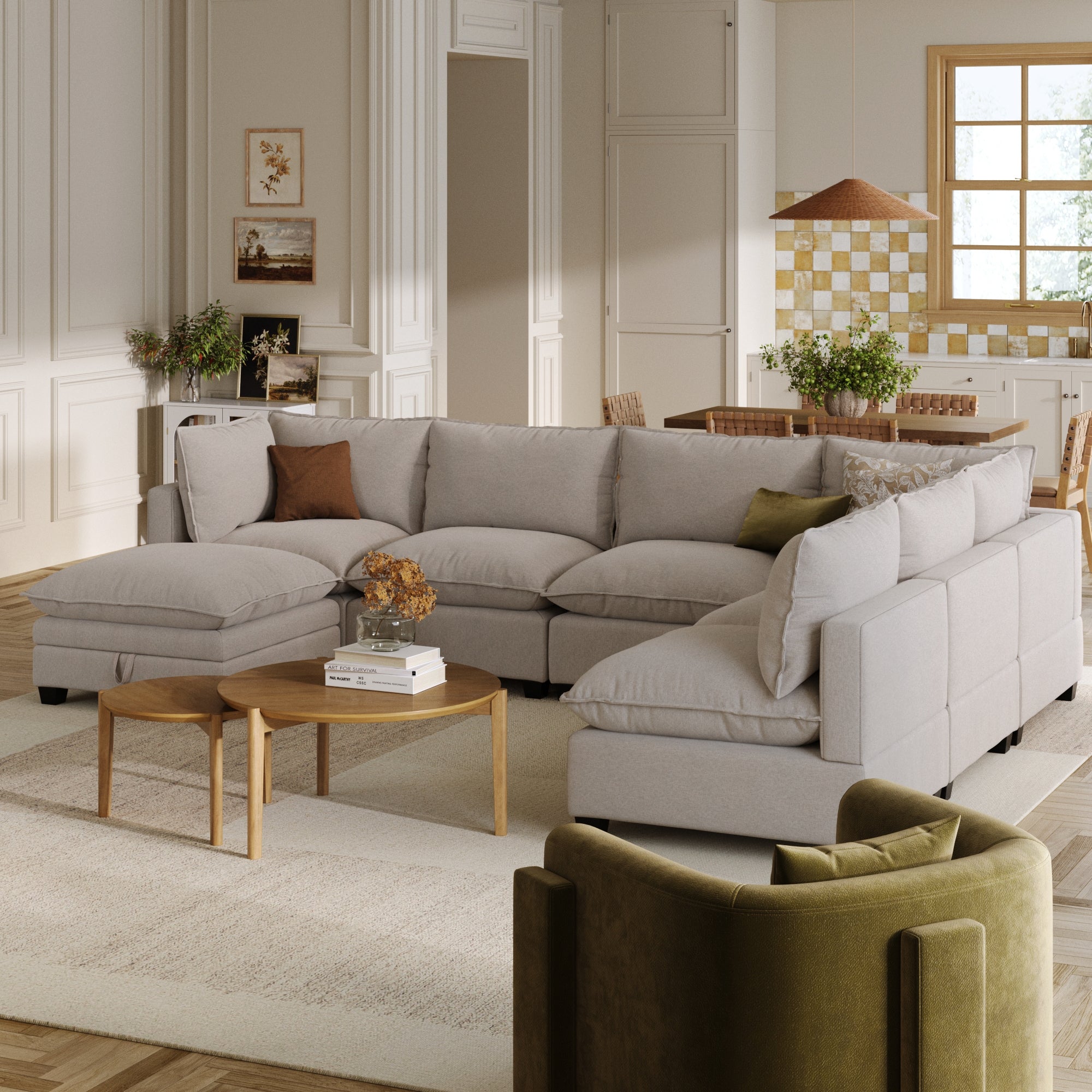 Soft Fabric 6-Seat Sectional Sofa Couch & Storage Ottoman Beige