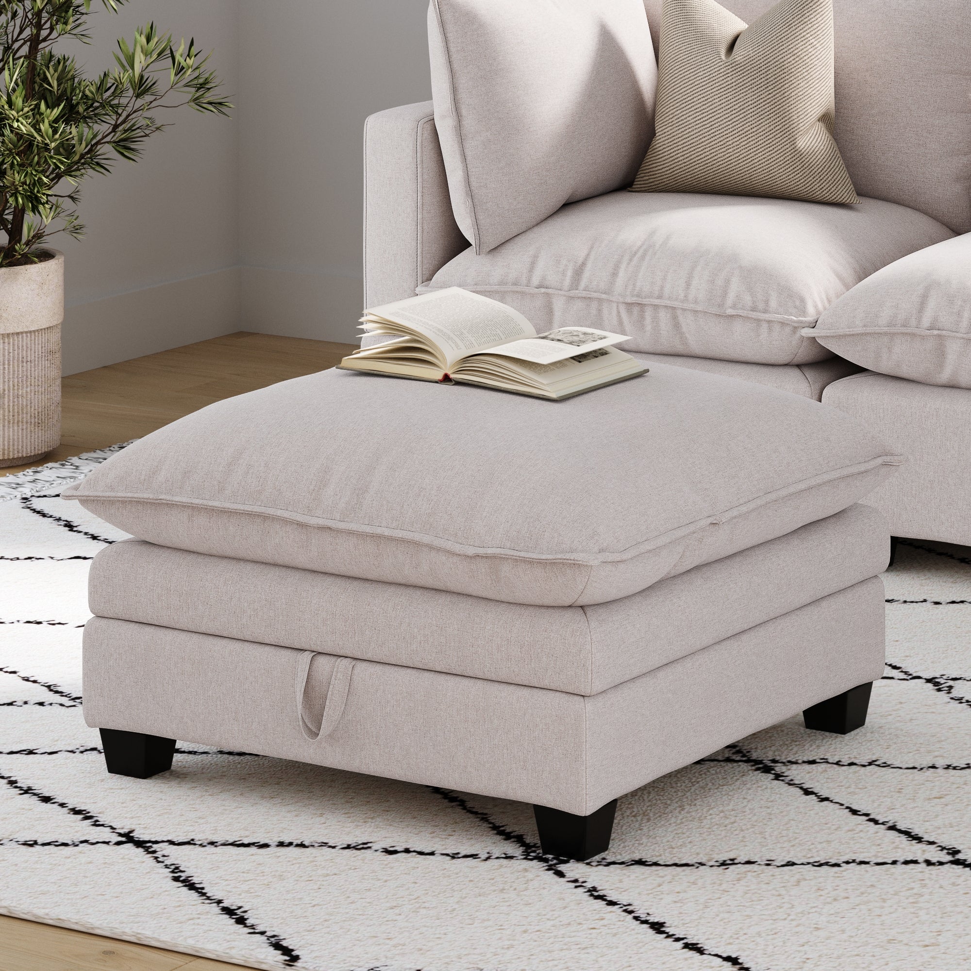 Soft Fabric Hidden Storage Ottoman Beige