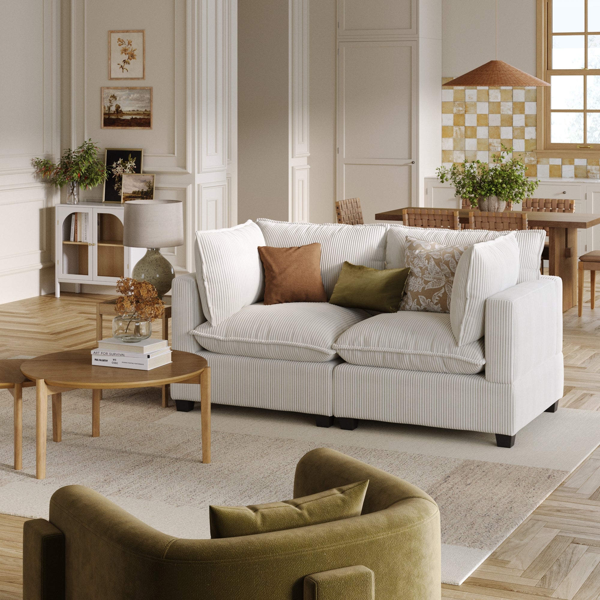 Corduroy Cloud Loveseat Sofa Couch Pearl White