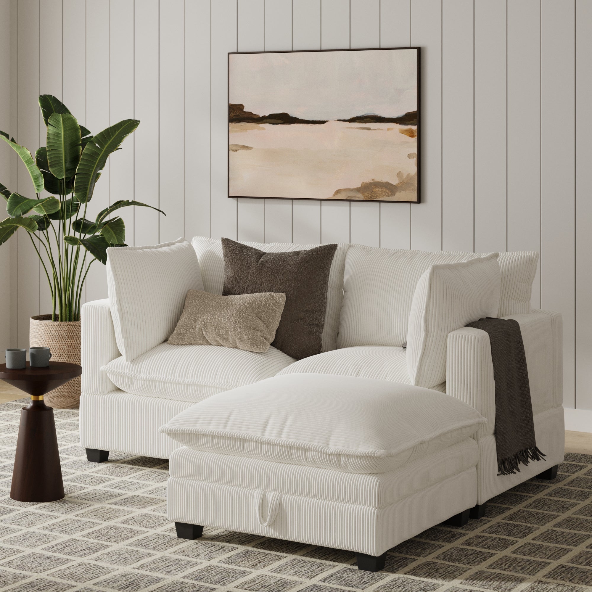 Corduroy Cloud Loveseat Sofa Couch & Storage Ottoman Pearl White