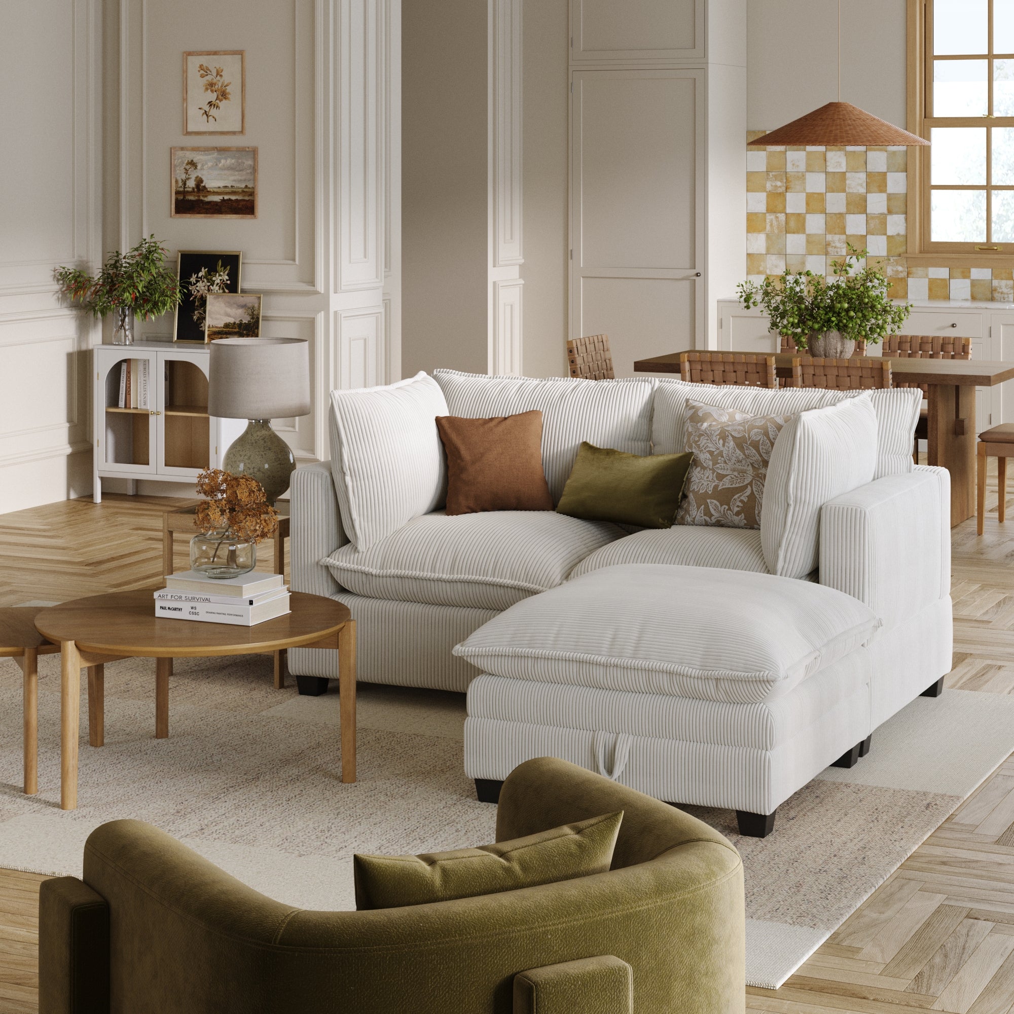 Corduroy Cloud Loveseat Sofa Couch & Storage Ottoman Pearl White