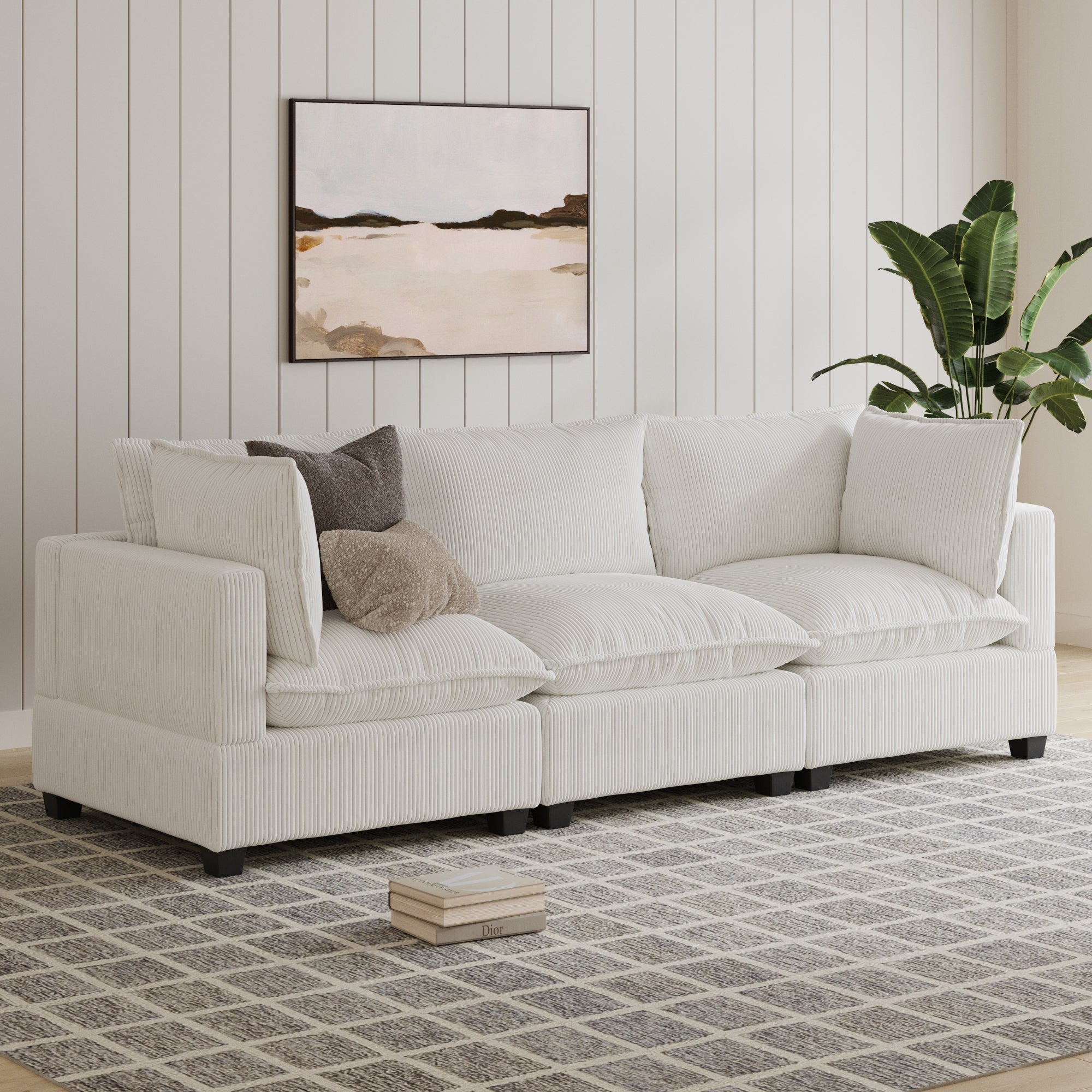 Corduroy 3-Seat Cloud Sofa Couch Pearl White