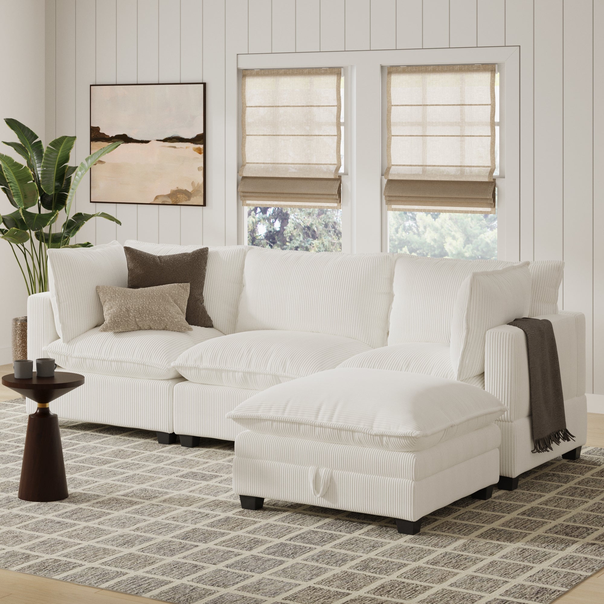 Corduroy 3-Seat Cloud Sofa Couch & Storage Ottoman Pearl White