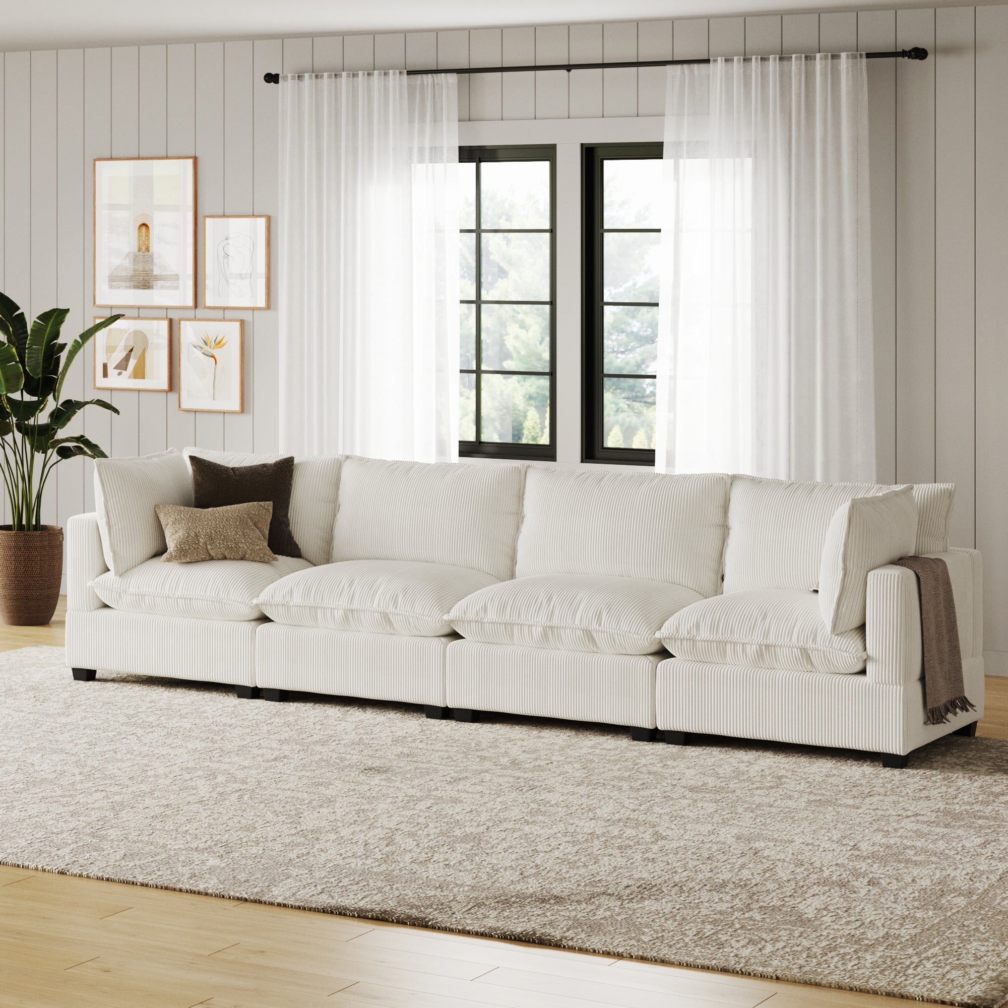 Corduroy 4-Seat Cloud Sofa Couch Pearl White