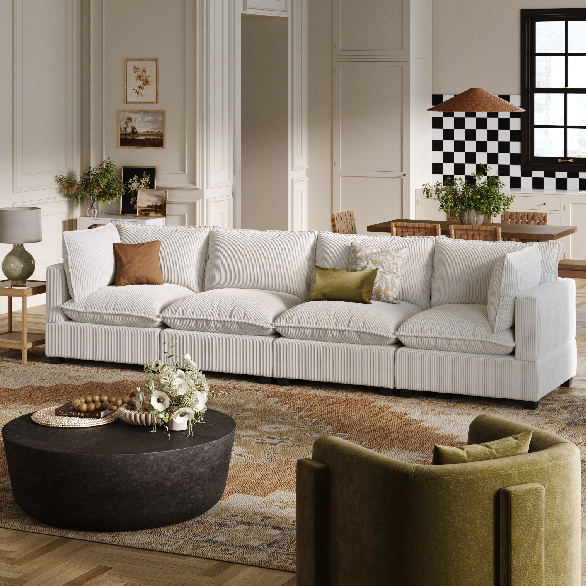 Corduroy 4-Seat Cloud Sofa Couch Pearl White