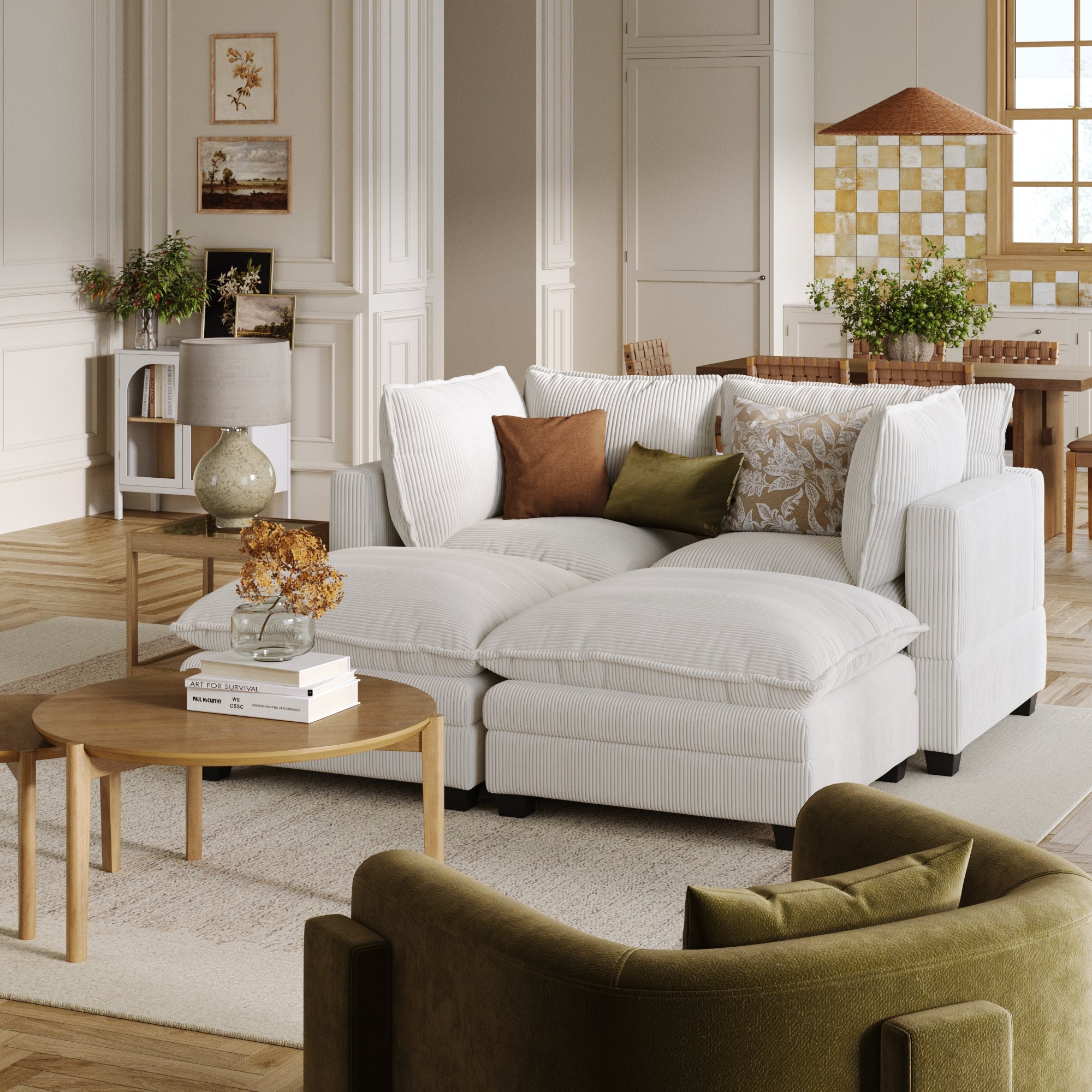 Corduroy 4-Piece Armless Cloud Modular Pit Sofa Couch Pearl White