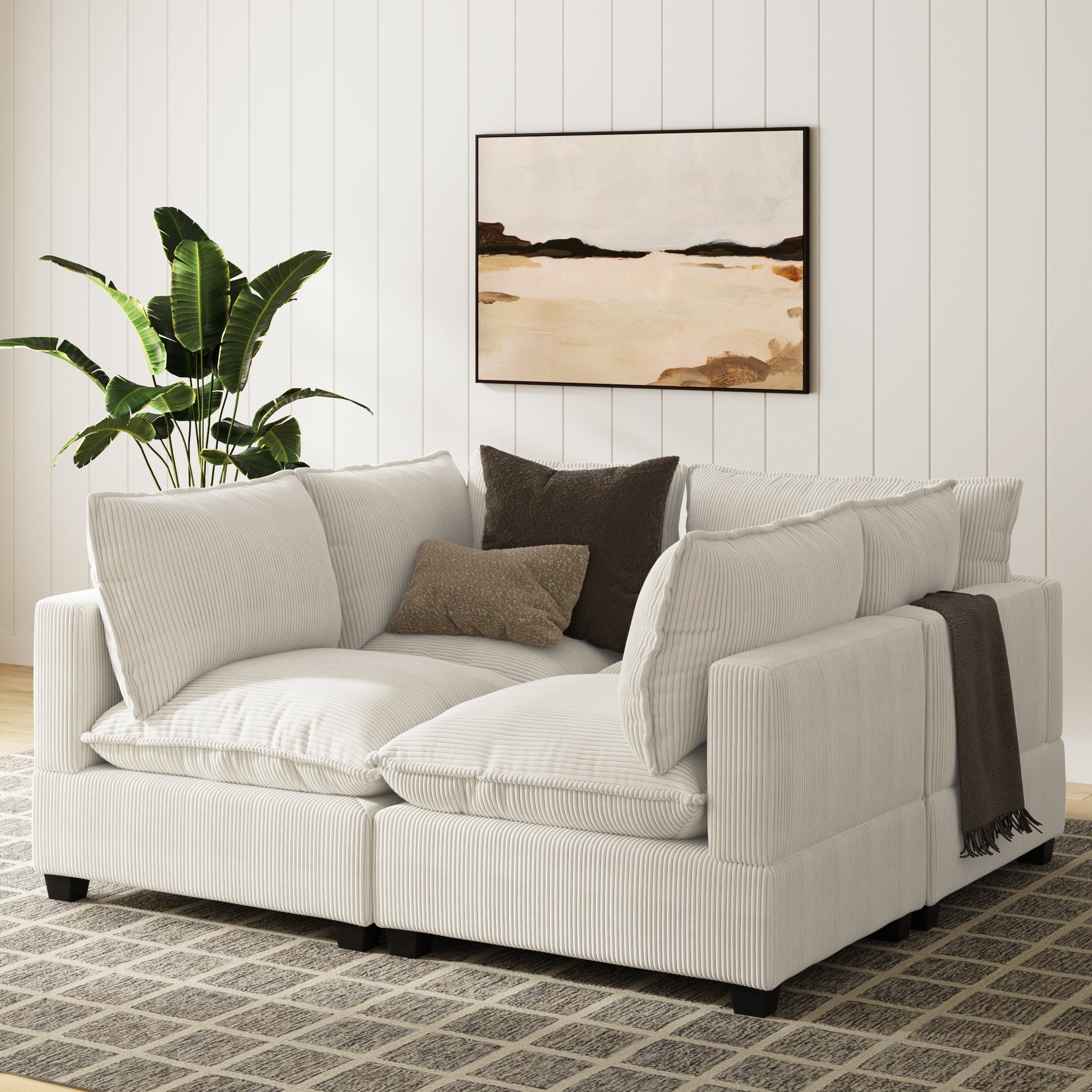 Corduroy 4-Piece Cloud Modular Pit Sofa Couch Pearl White