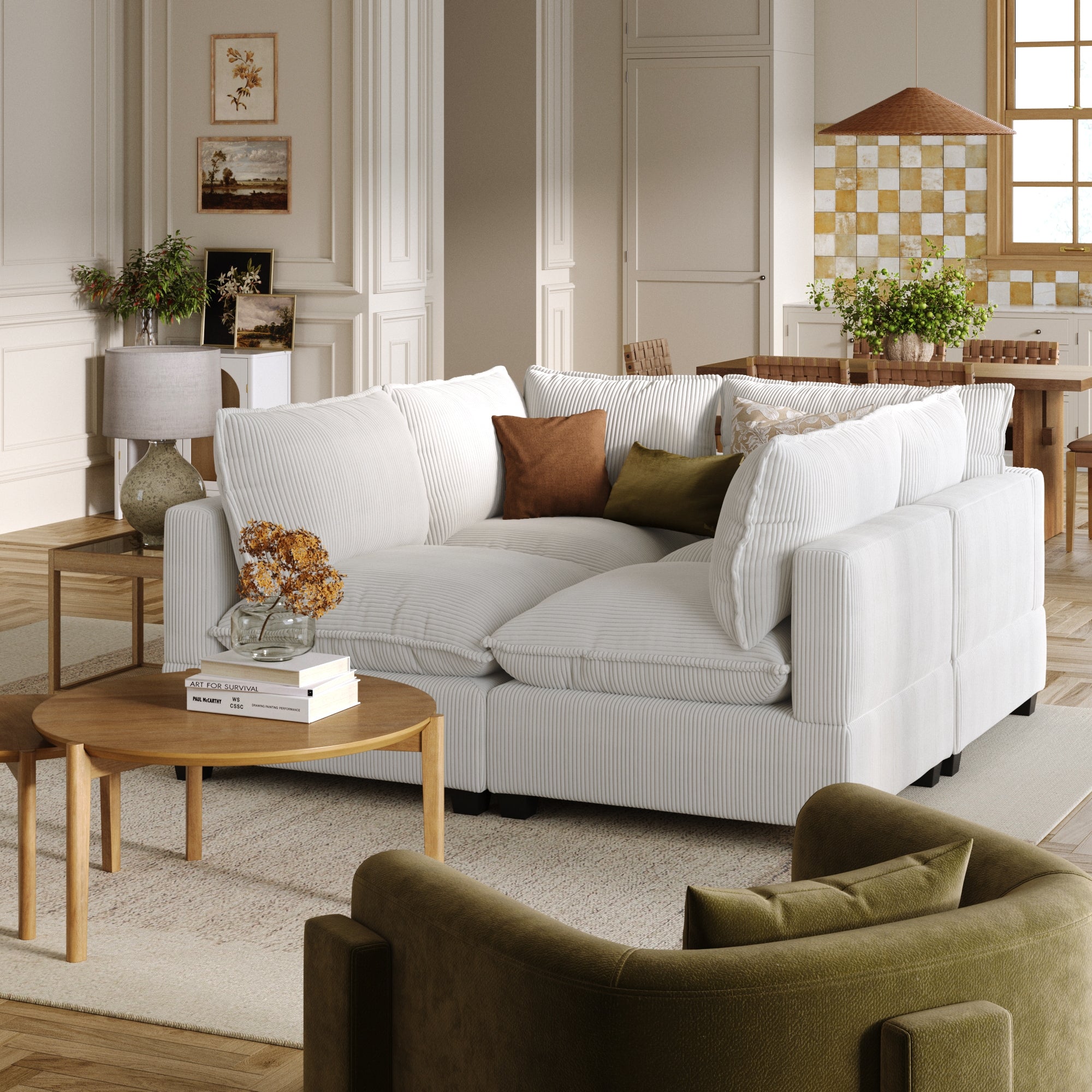 Corduroy 4-Piece Cloud Modular Pit Sofa Couch Pearl White