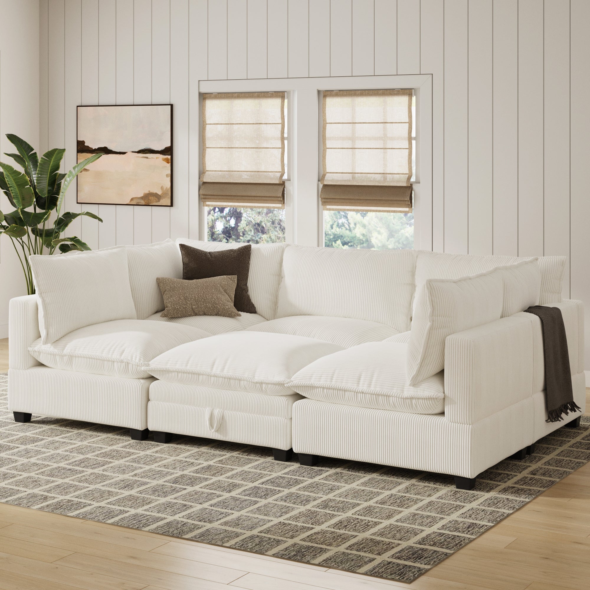 Corduroy 6-Piece Cloud Modular Pit Sofa Couch Pearl White