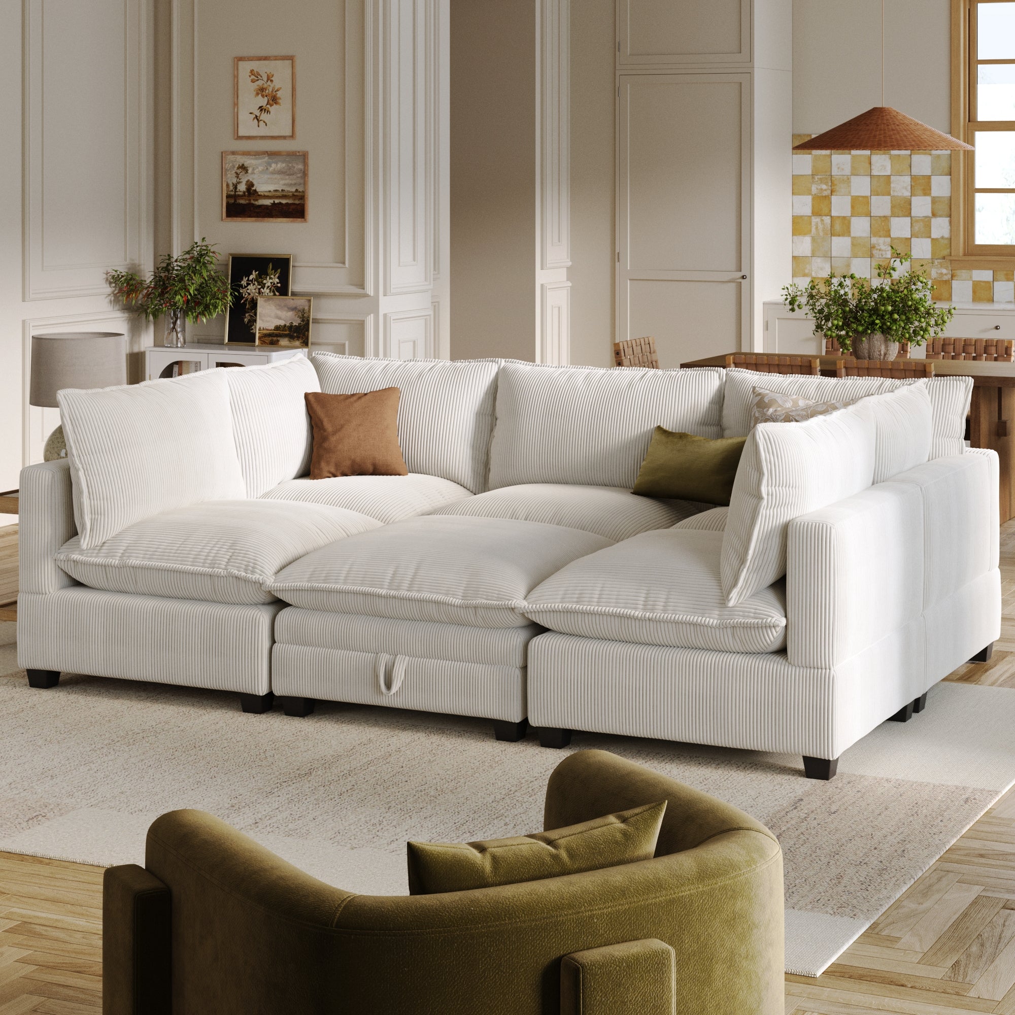 Corduroy 6-Piece Cloud Modular Pit Sofa Couch Pearl White