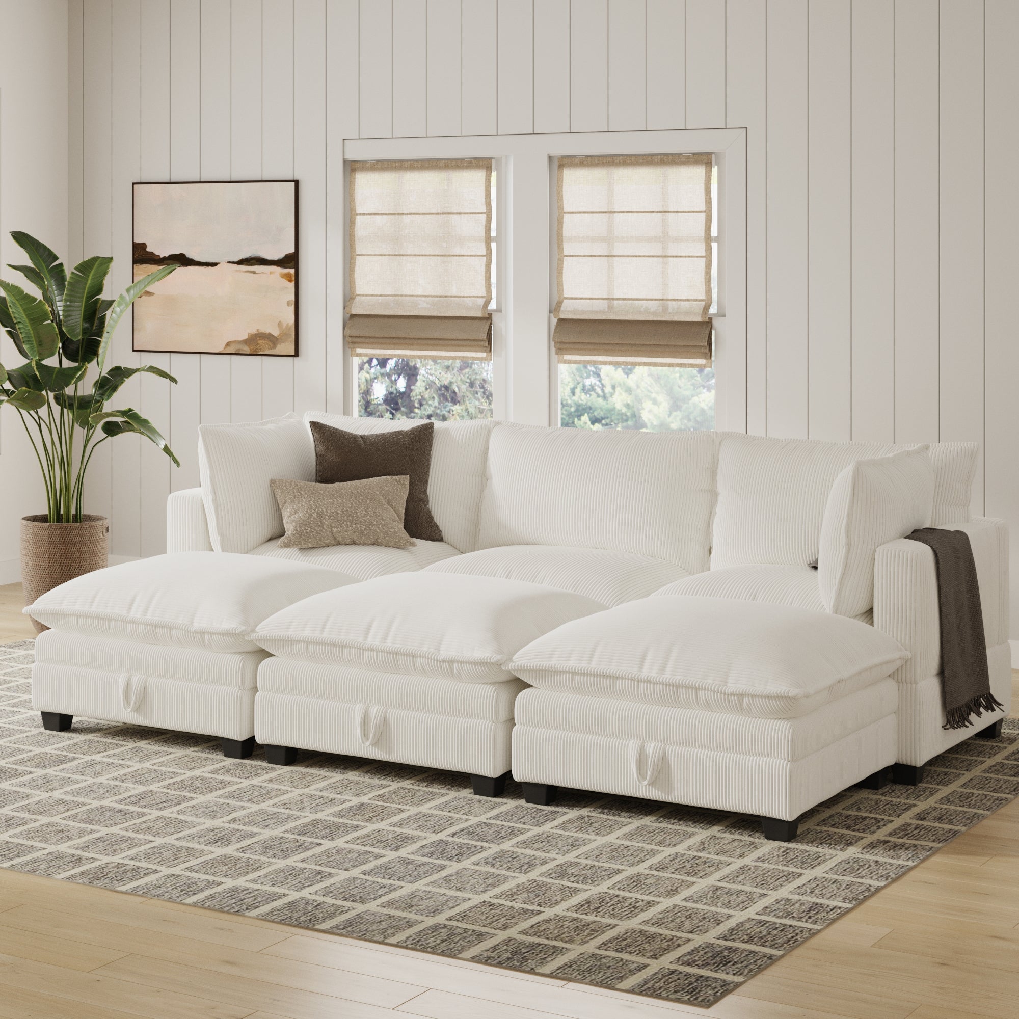 Corduroy 6-Piece Armless Cloud Modular Pit Sofa Couch Pearl White