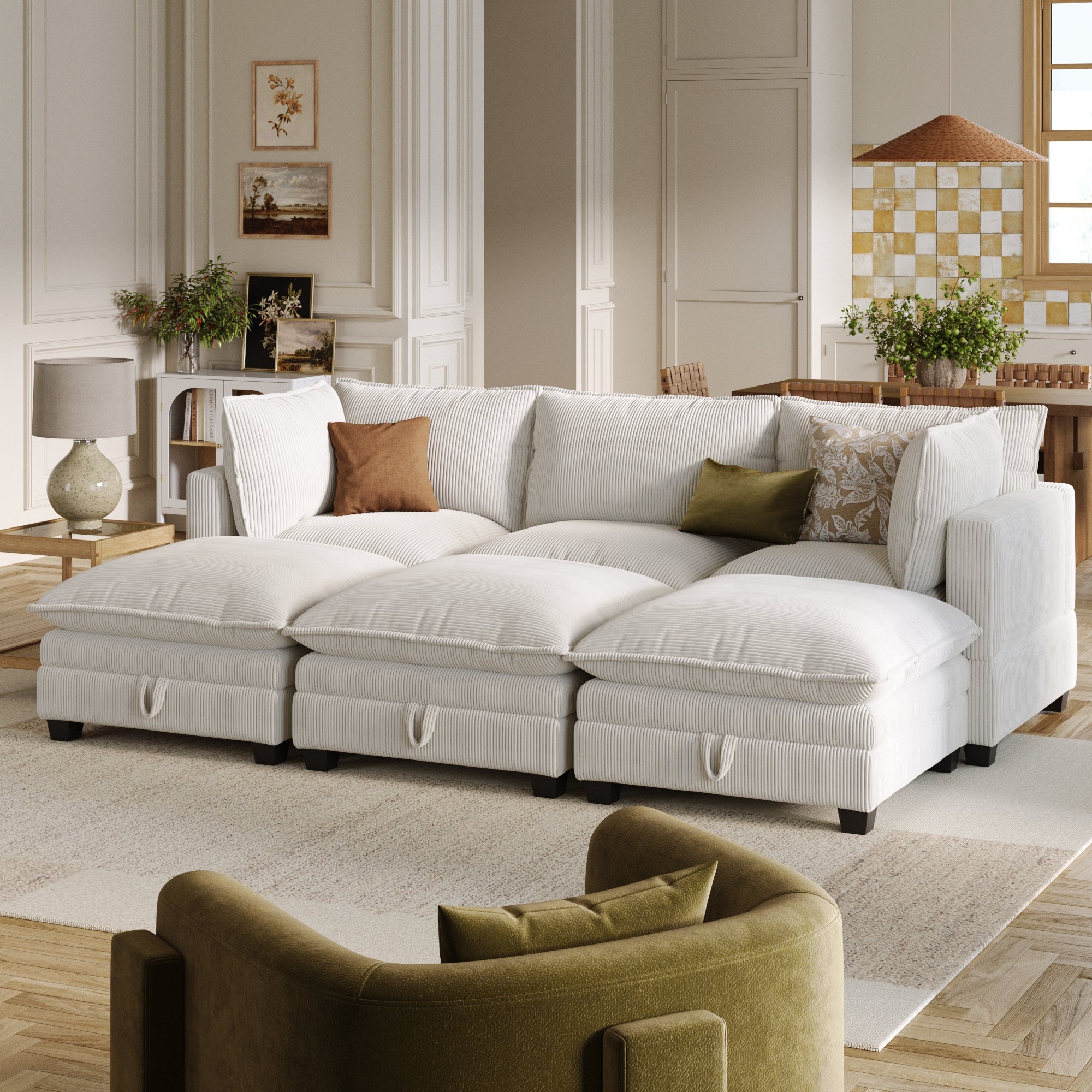 Corduroy 6-Piece Armless Cloud Modular Pit Sofa Couch Pearl White