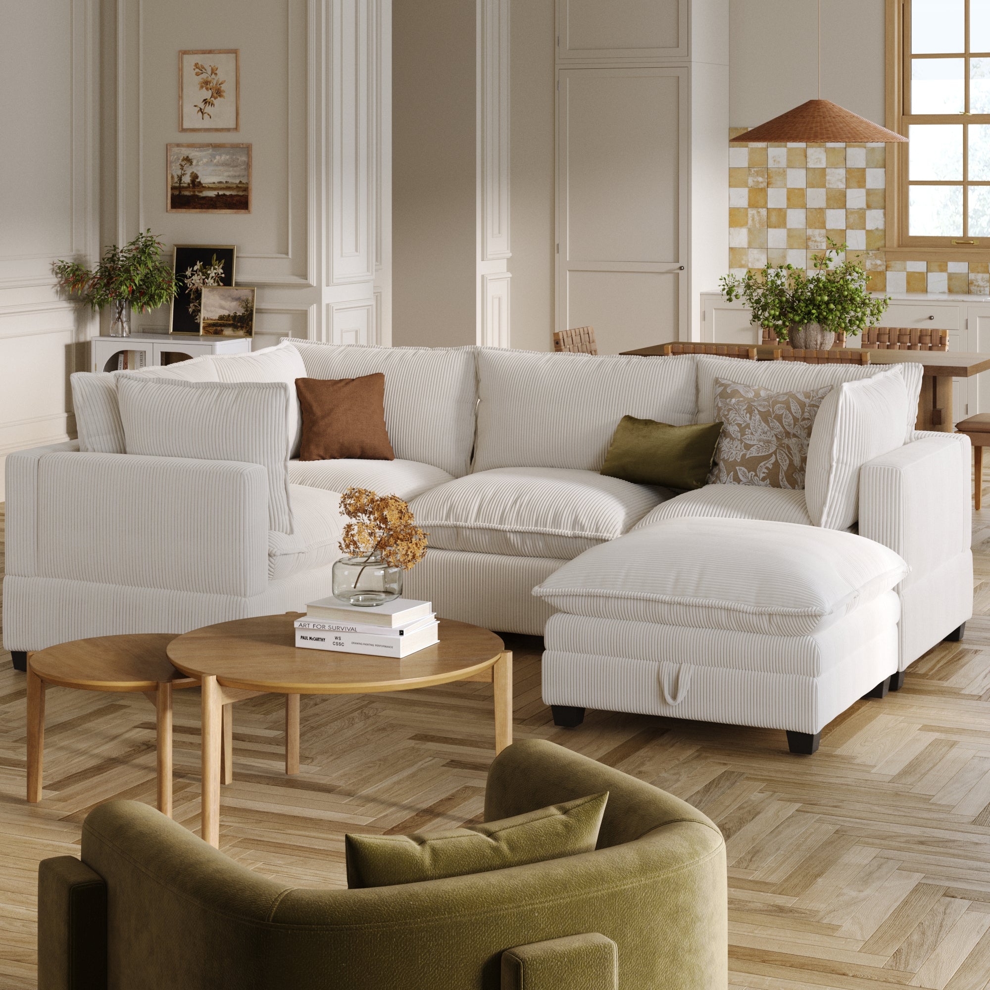 Corduroy 4-Seat Sectional Cloud Sofa Couch & Storage Ottoman Pearl White