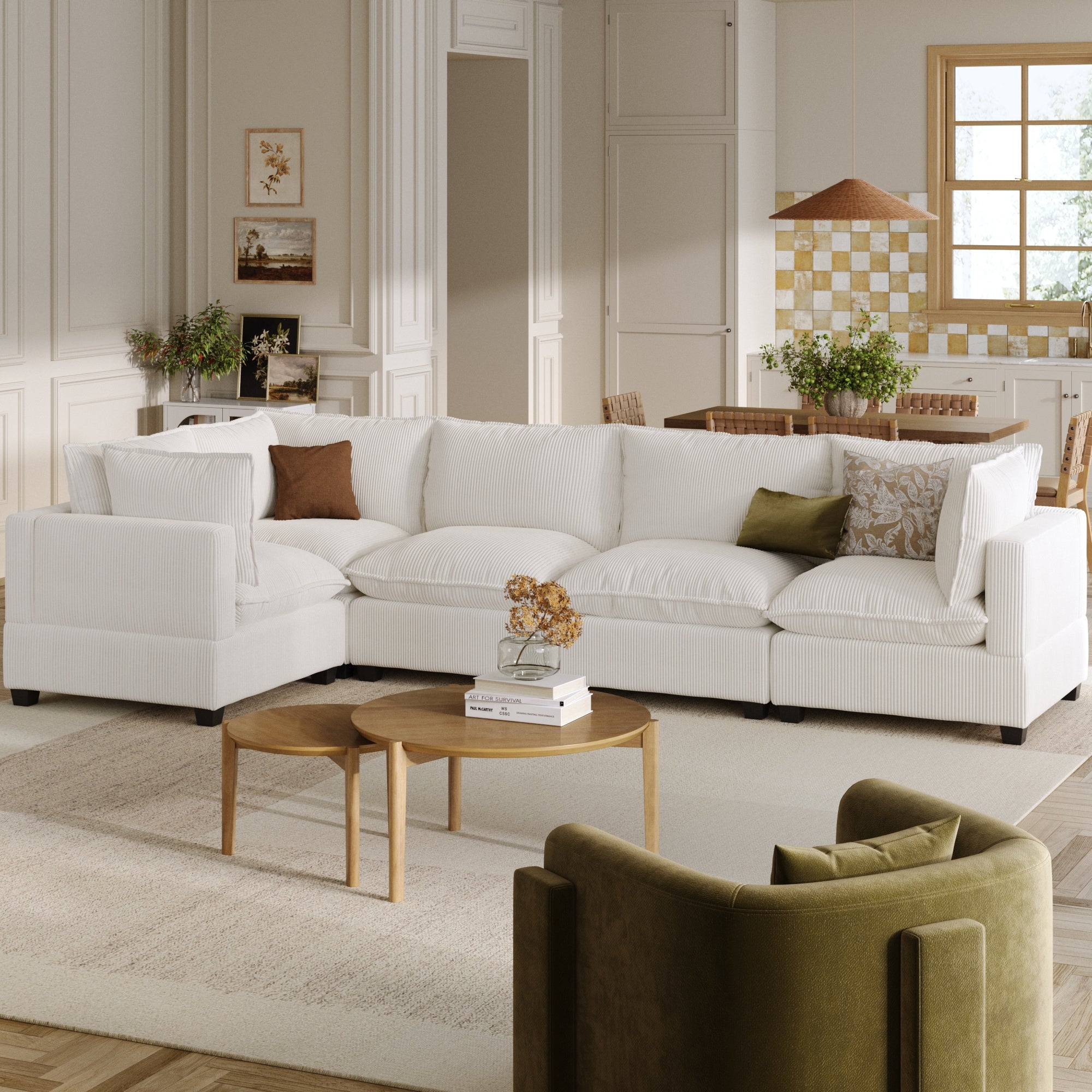 Corduroy 5-Seat Sectional Cloud Sofa Couch Pearl White