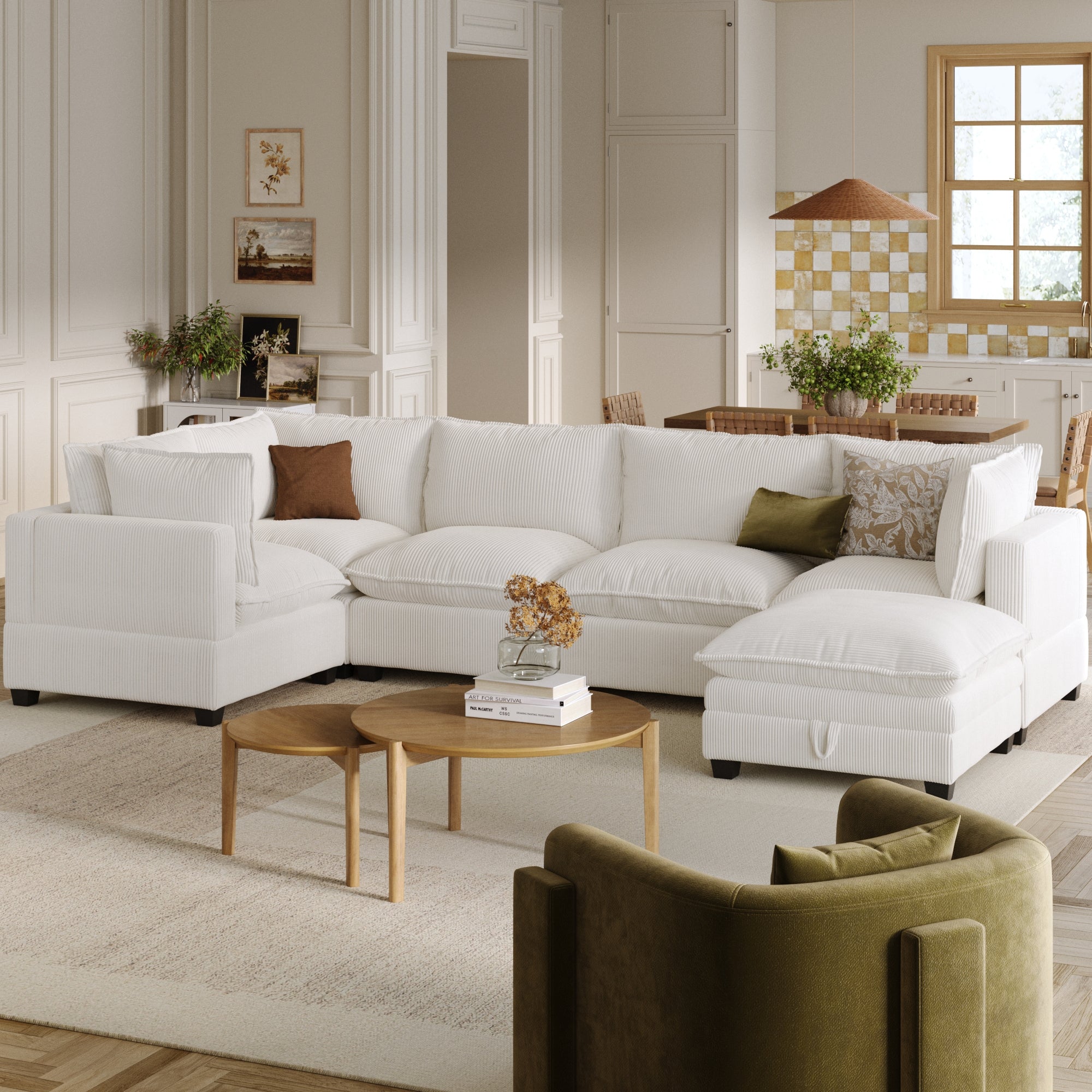 Corduroy 5-Seat Sectional Cloud Sofa Couch & Storage Ottoman Pearl White