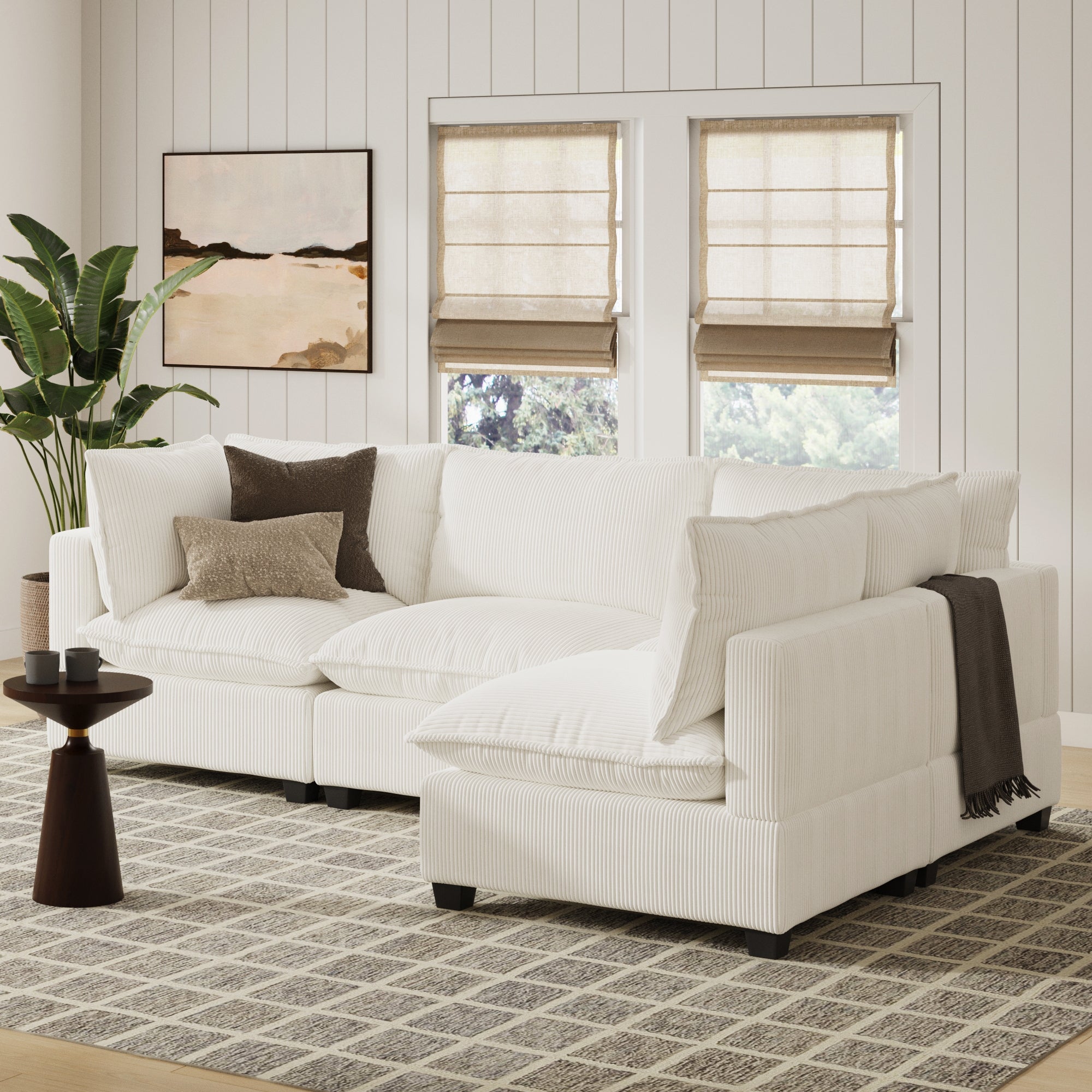 Corduroy Cloud Armless 4-Seat Sectional Sofa Couch Pearl White