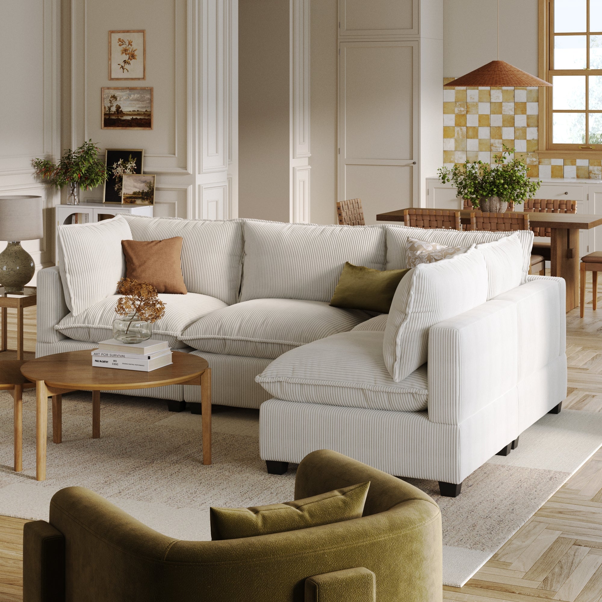 Corduroy Cloud Armless 4-Seat Sectional Sofa Couch Pearl White