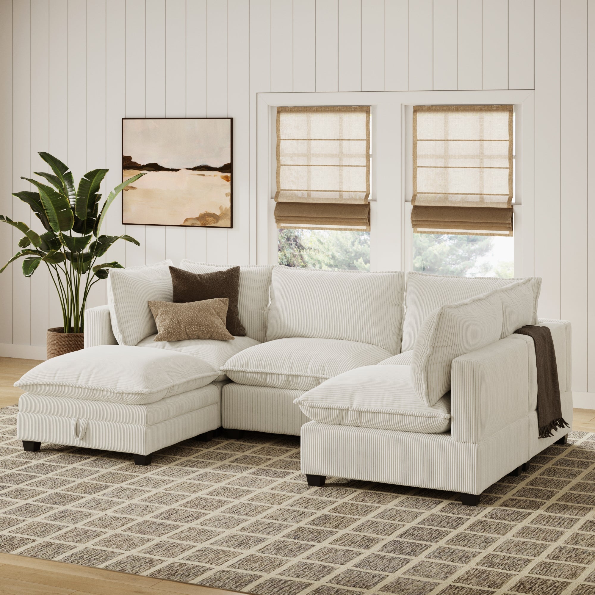 Corduroy Cloud 4-Seat Armless Sectional Sofa Couch & Storage Ottoman Pearl White