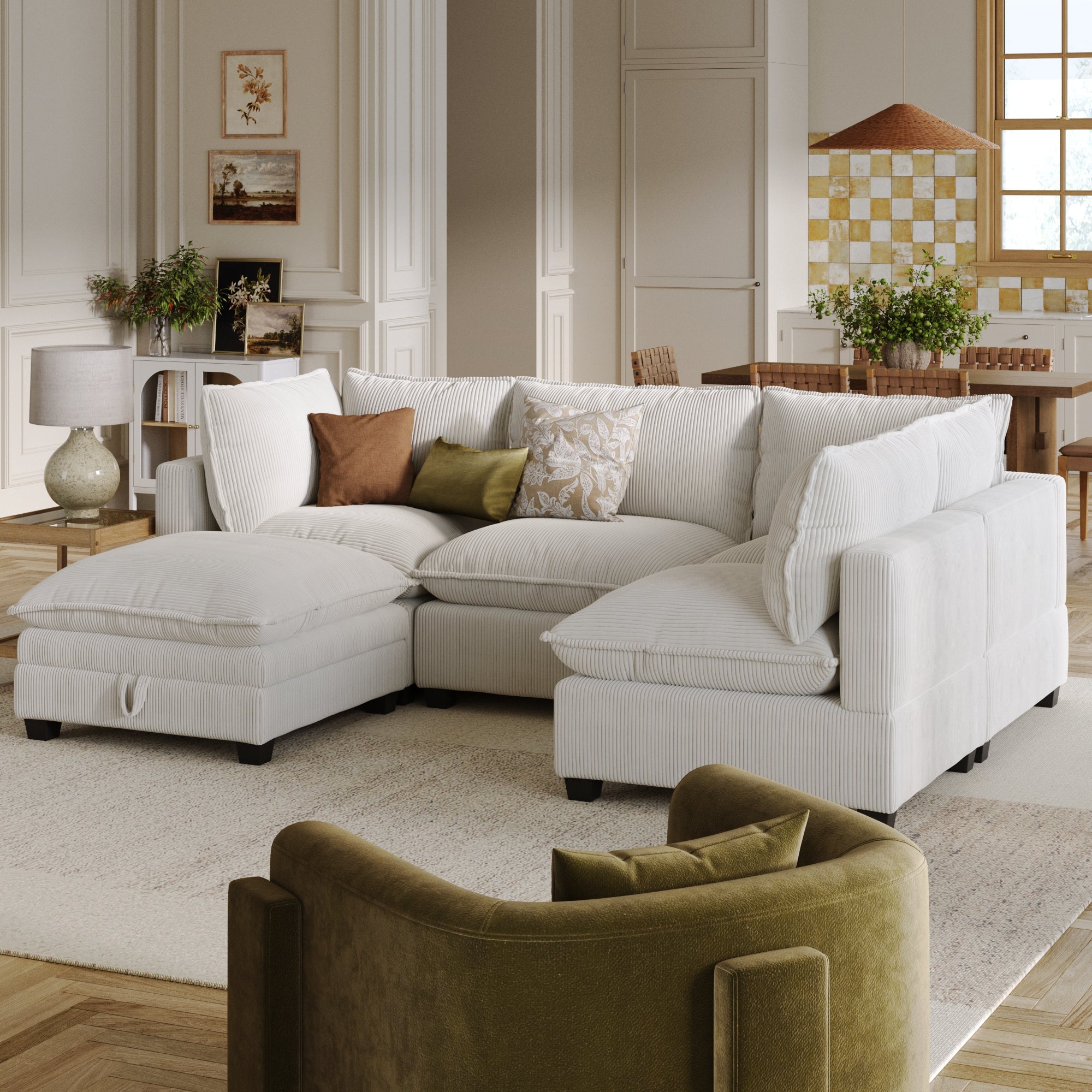 Corduroy Cloud 4-Seat Armless Sectional Sofa Couch & Storage Ottoman Pearl White