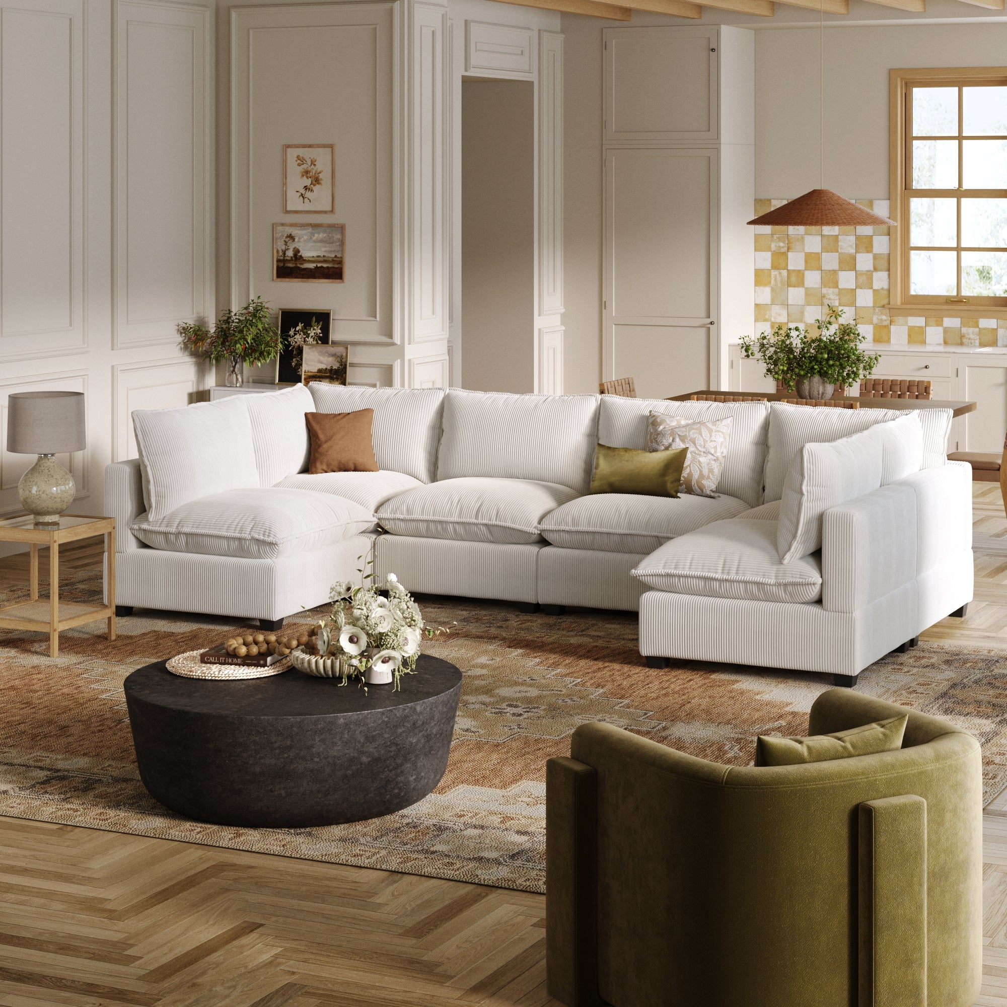 Corduroy 6-Seat Cloud Sectional Sofa Couch Pearl White