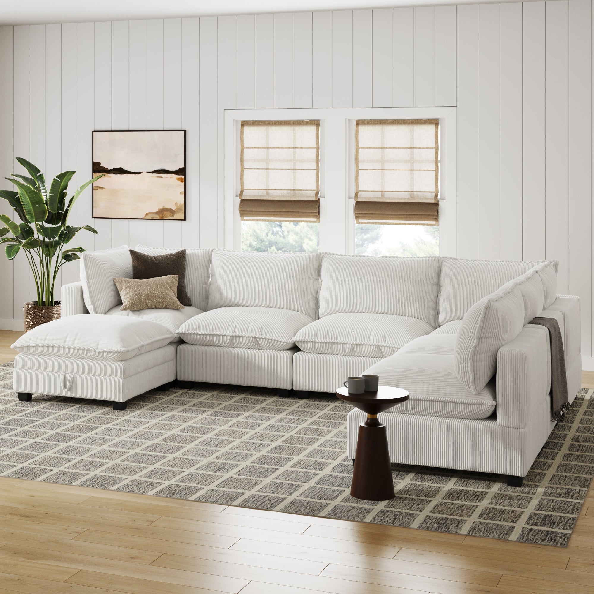 Corduroy 6-Seat Cloud Sectional Sofa Couch & Storage Ottoman Pearl White