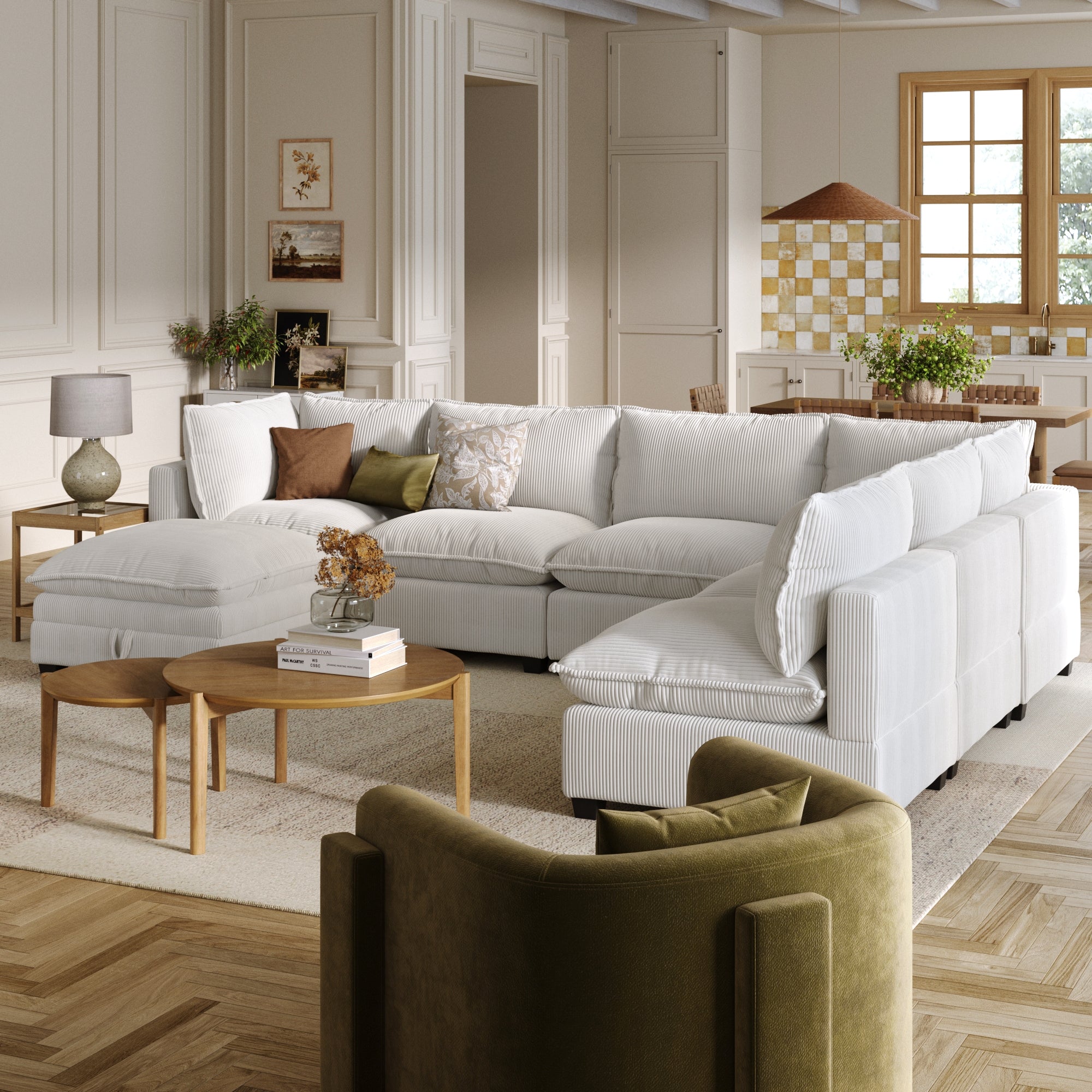 Corduroy 6-Seat Cloud Sectional Sofa Couch & Storage Ottoman Pearl White