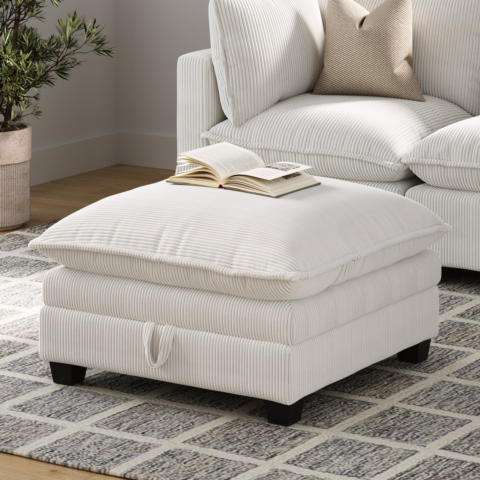 Corduroy Hidden Storage Ottoman Pearl White