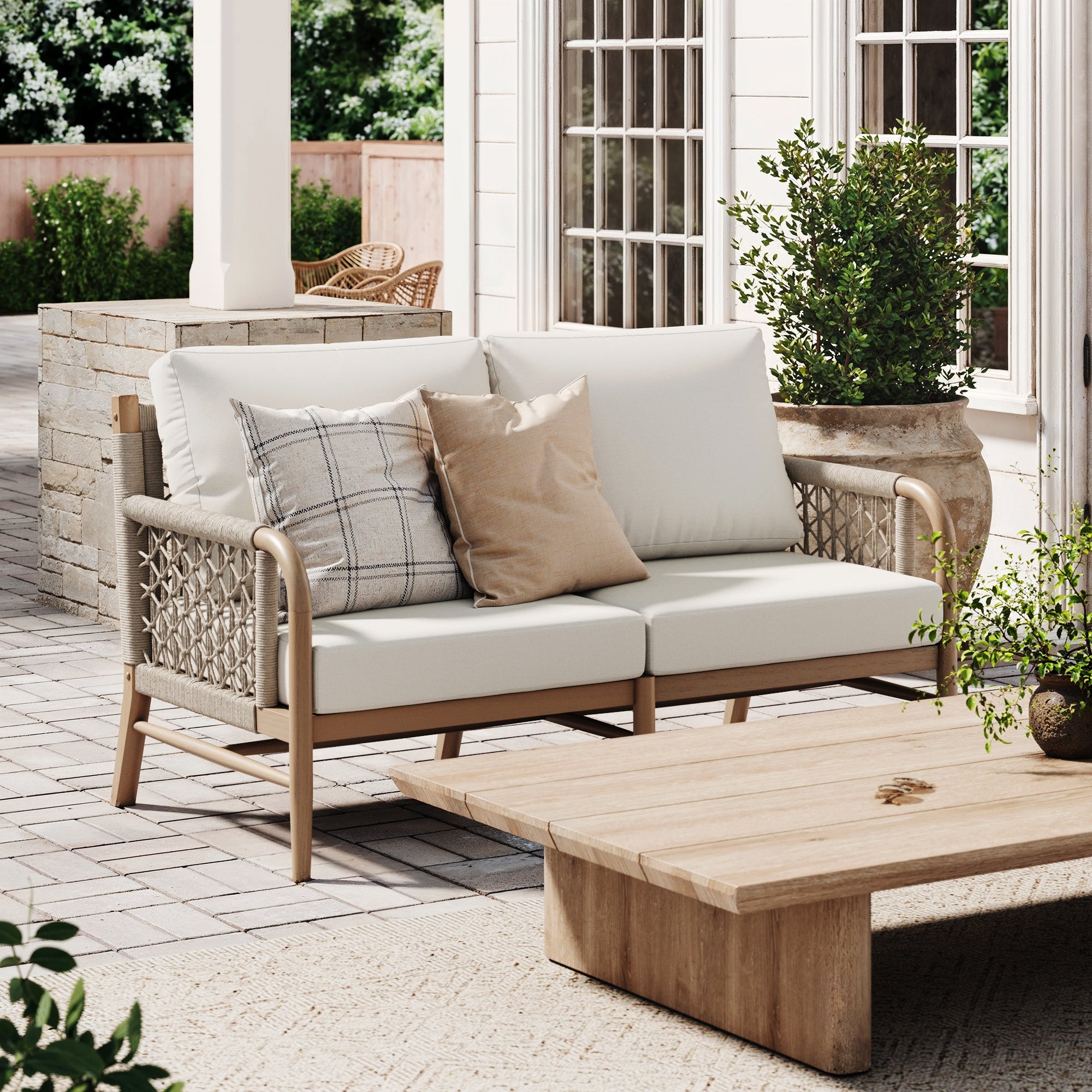 Outdoor Woven Rope Arms Patio Loveseat Gray Oak