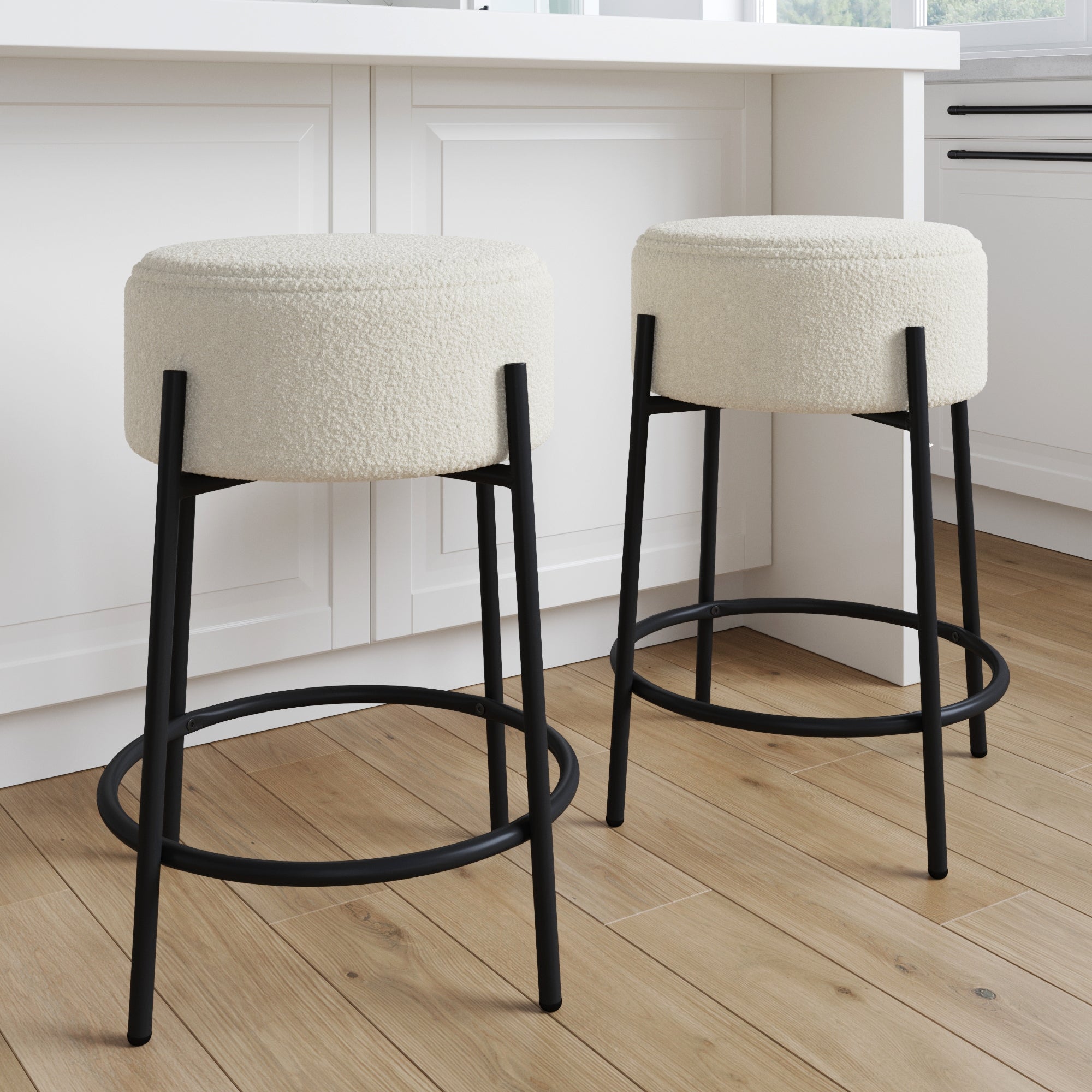 Round Boucle Backless Counter Height Bar Stools (Set of 2)