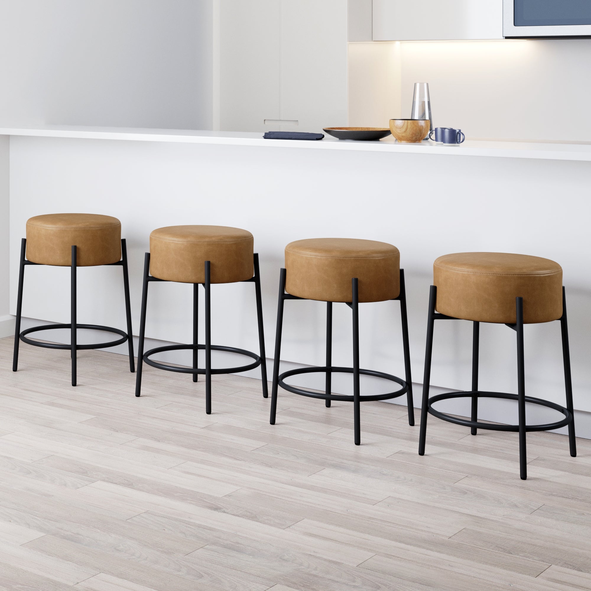 Round Faux Leather Backless Counter Height Bar Stools Brown (Set of 4)