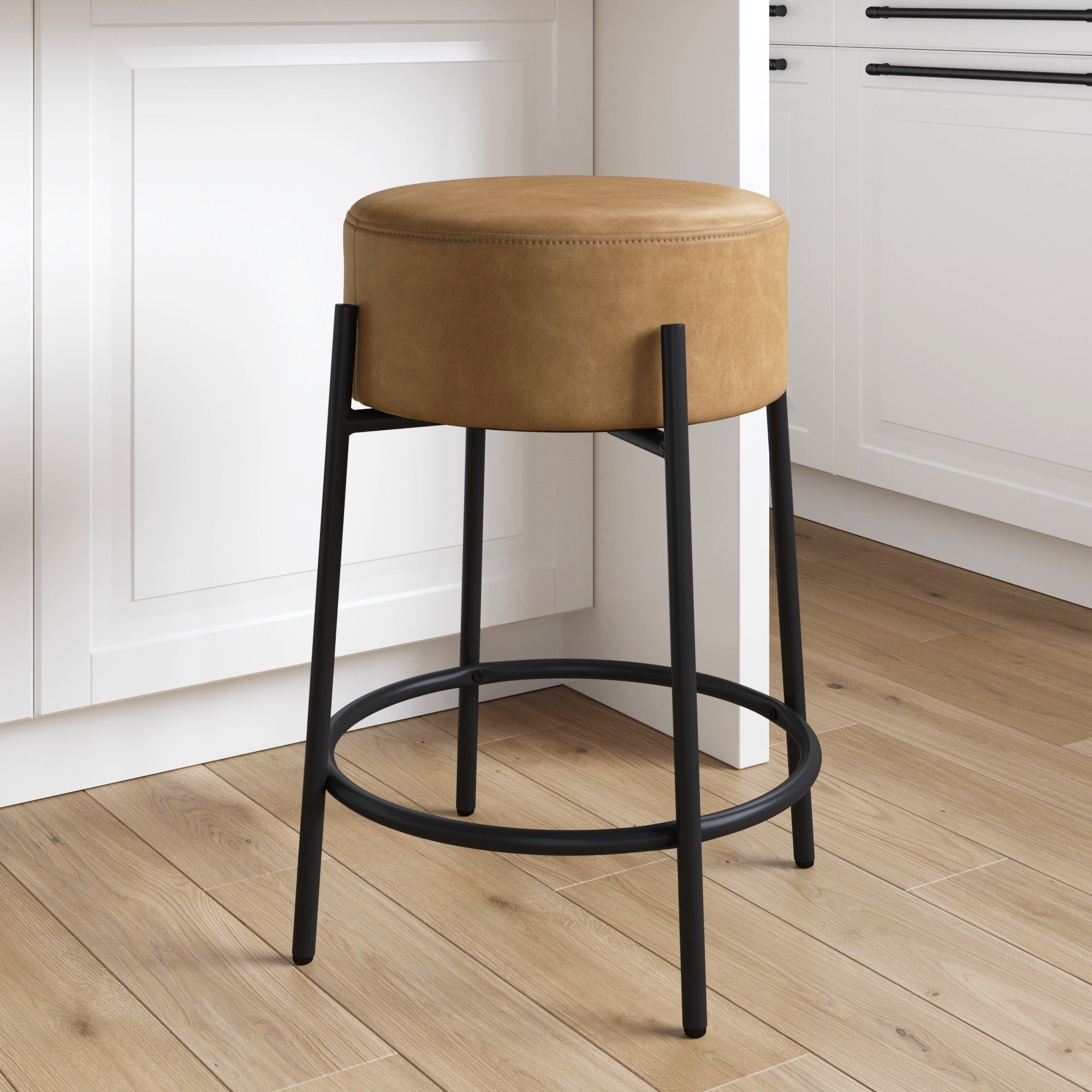 Round Faux Leather Backless Counter Height Bar Stool Brown