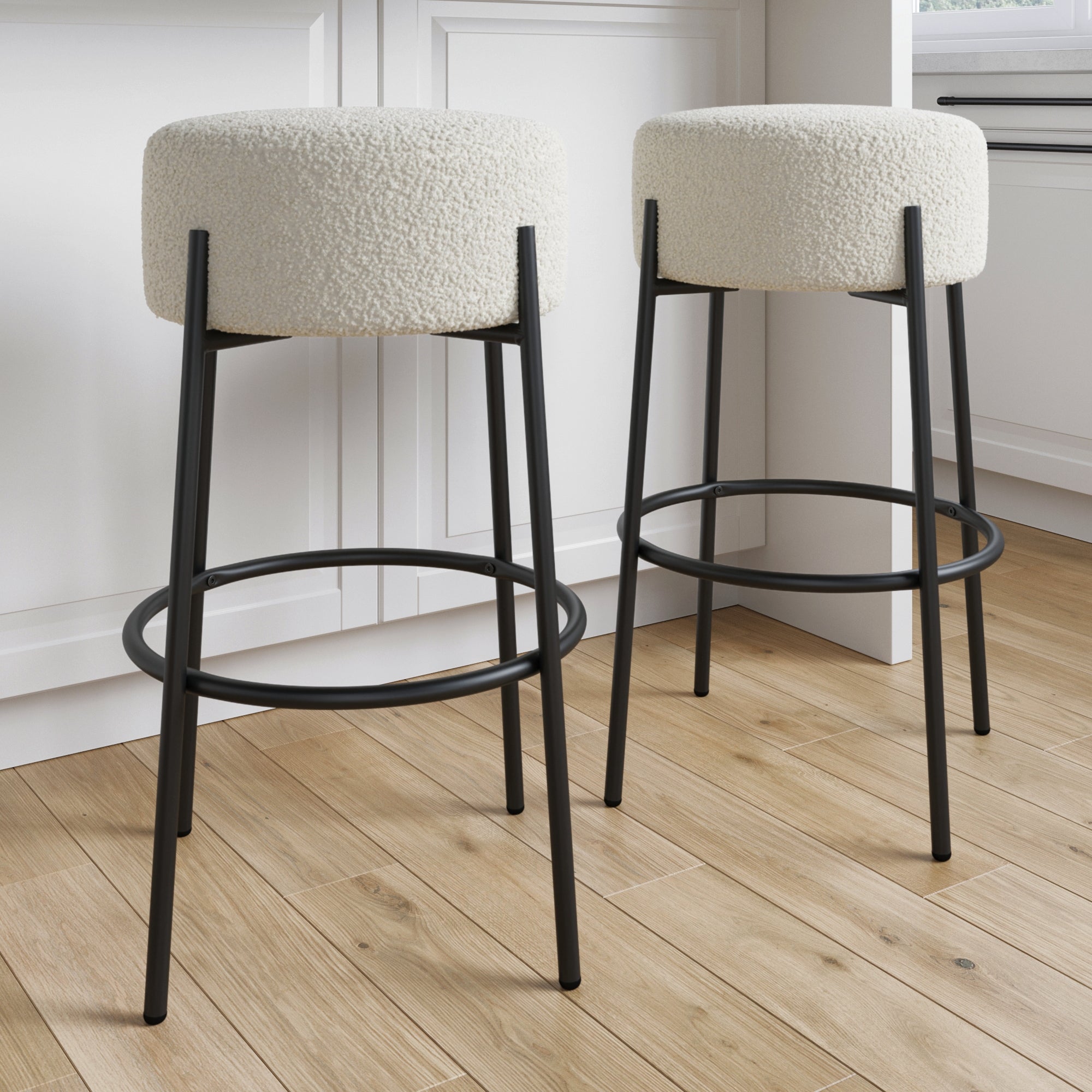 Round Boucle Backless Bar Stools (Set of 2)