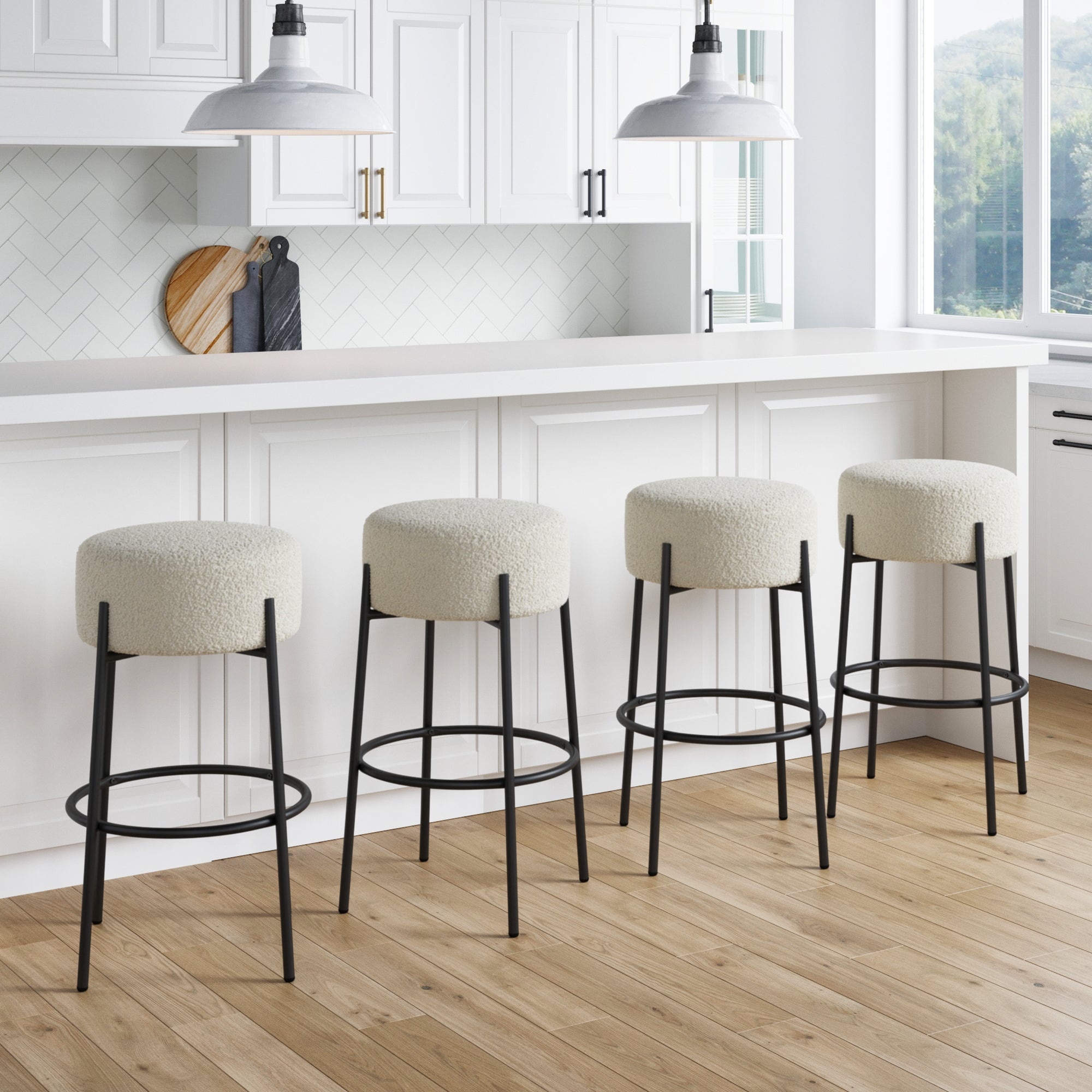 Round Boucle Backless Bar Stools (Set of 4)