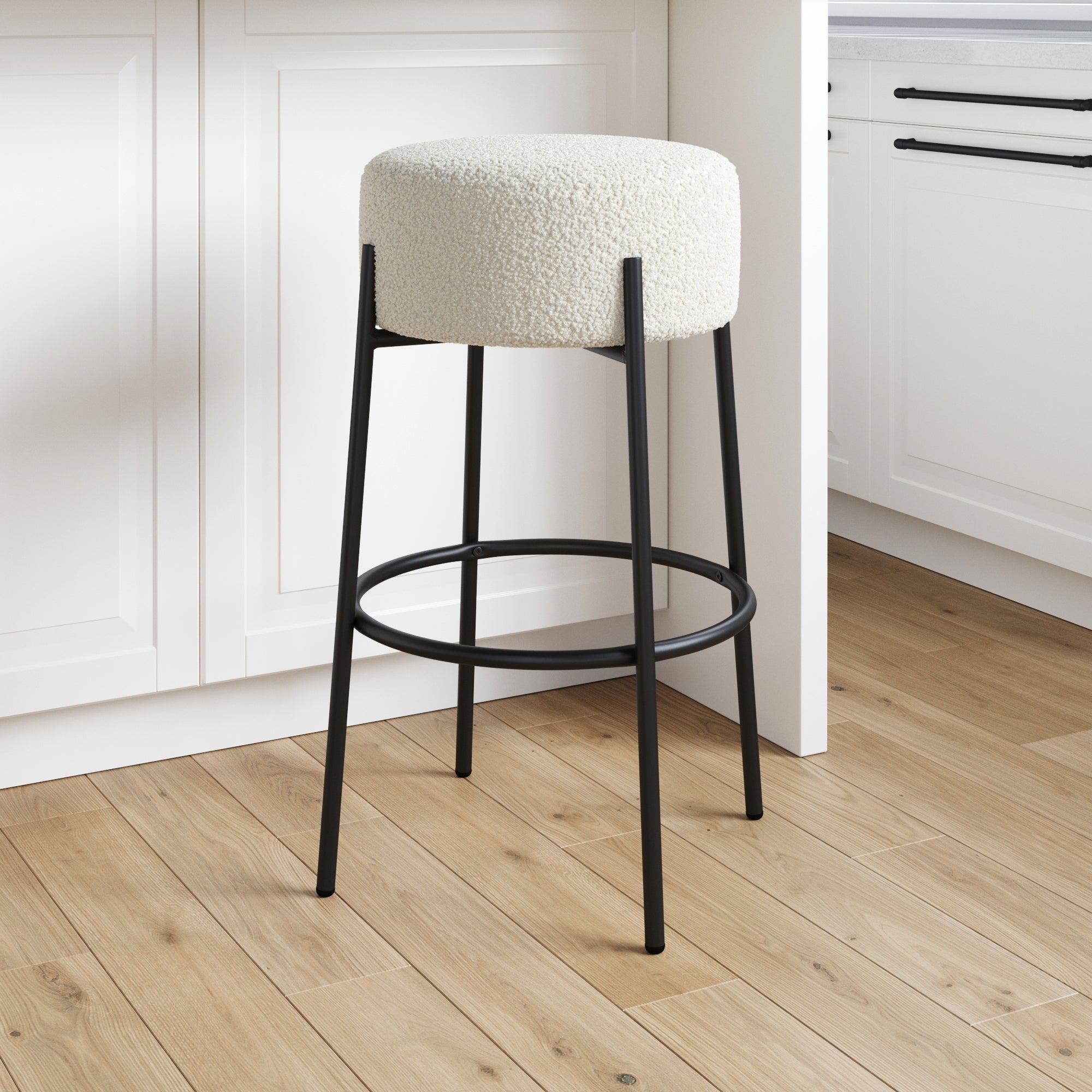 Round White Boucle Backless Bar Height Stool