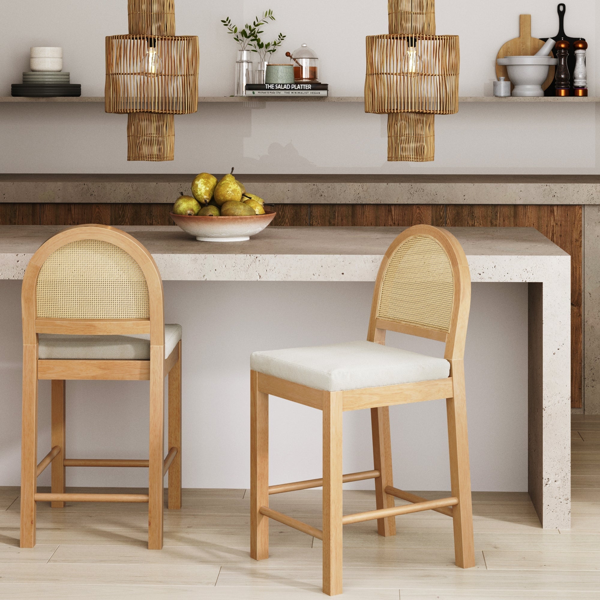 Boucle & Rattan Counter Height Bar Stools Warm Pine (Set of 2)