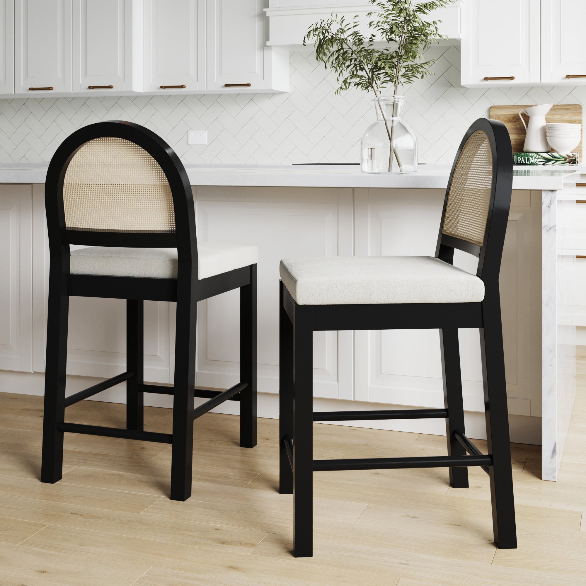 Boucle & Rattan Counter Height Bar Stools Black (Set of 2)