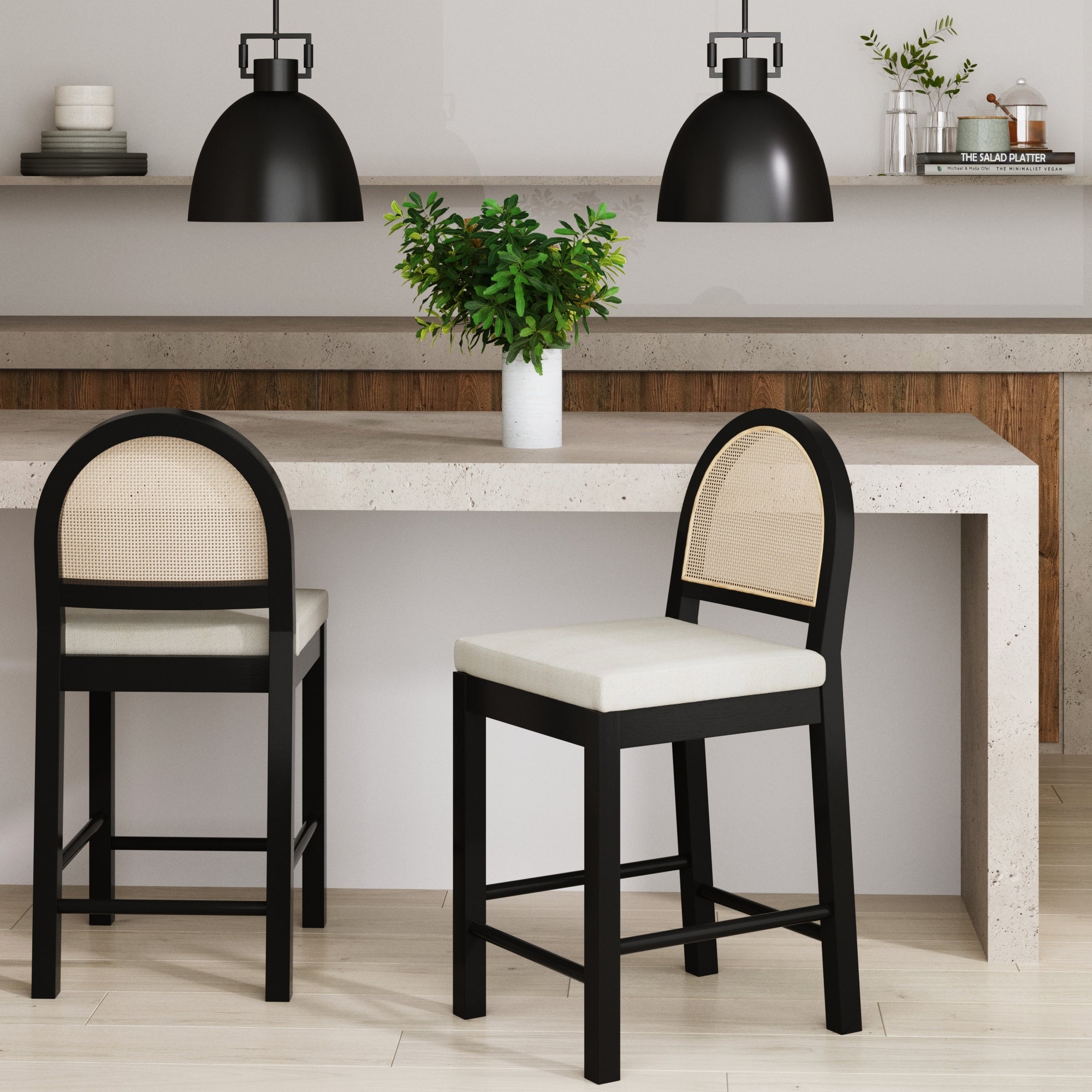 Boucle & Rattan Counter Height Bar Stools Black (Set of 2)