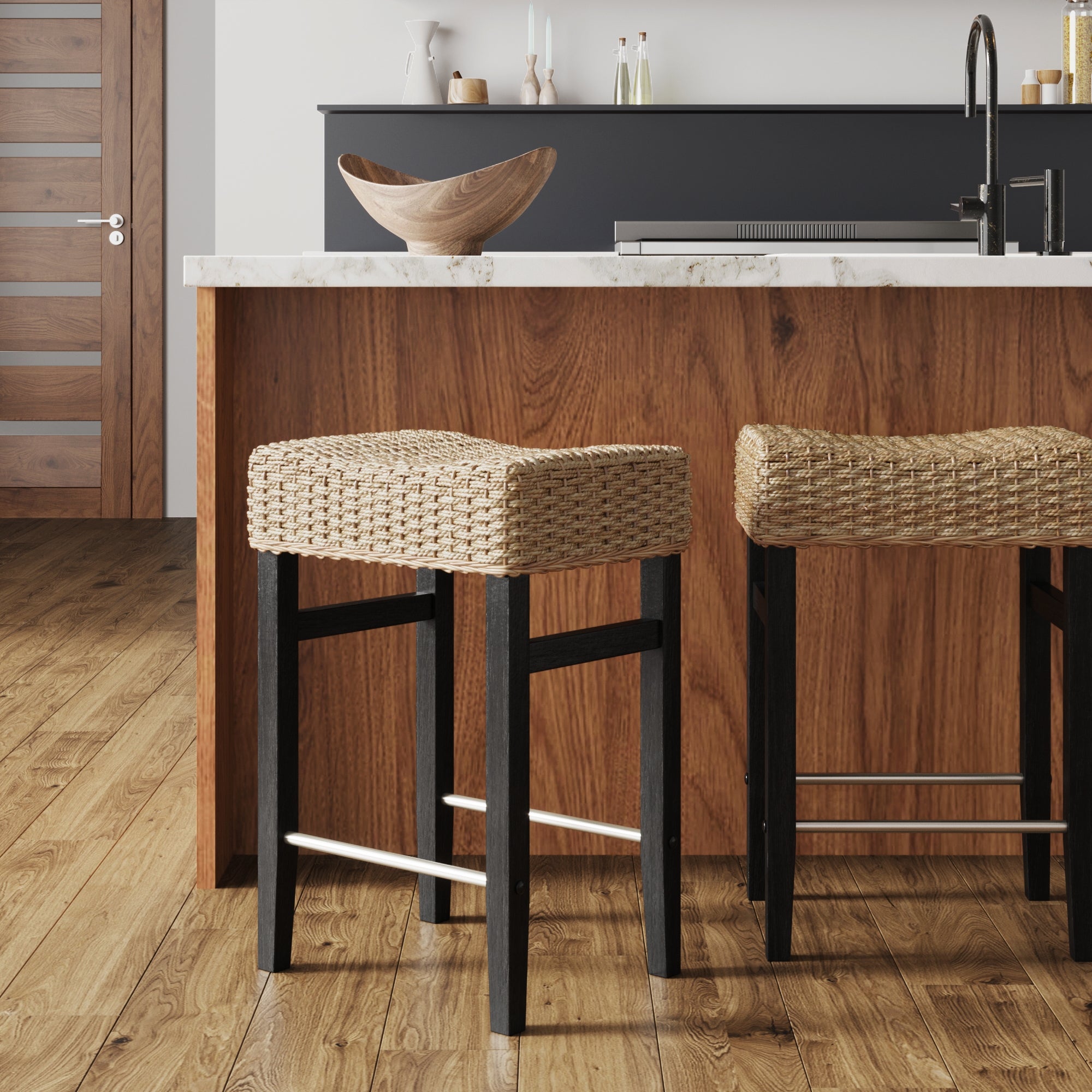 Woven Seagrass Counter Height Bar Stool Black