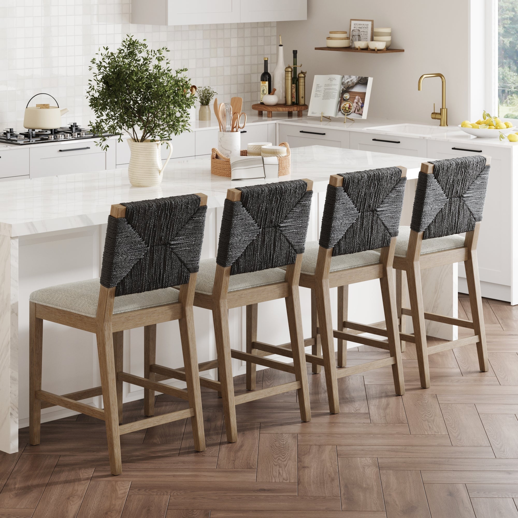 Boucle & Seagrass Counter Height Bar Stools Black (Set of 4)