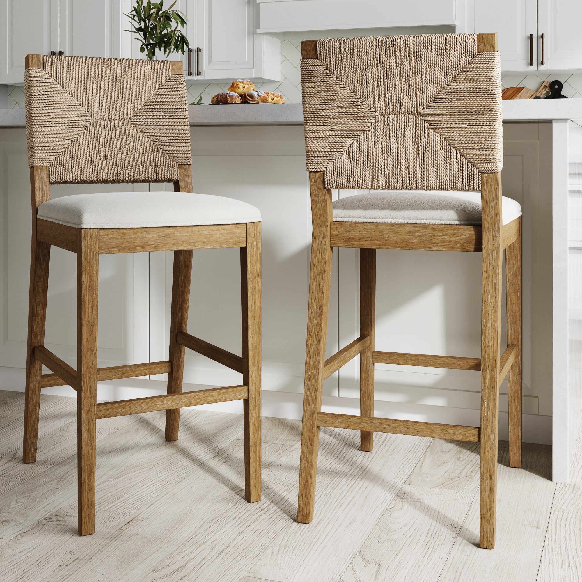 Boucle & Seagrass Bar Stool Light Brown (Set of 2)