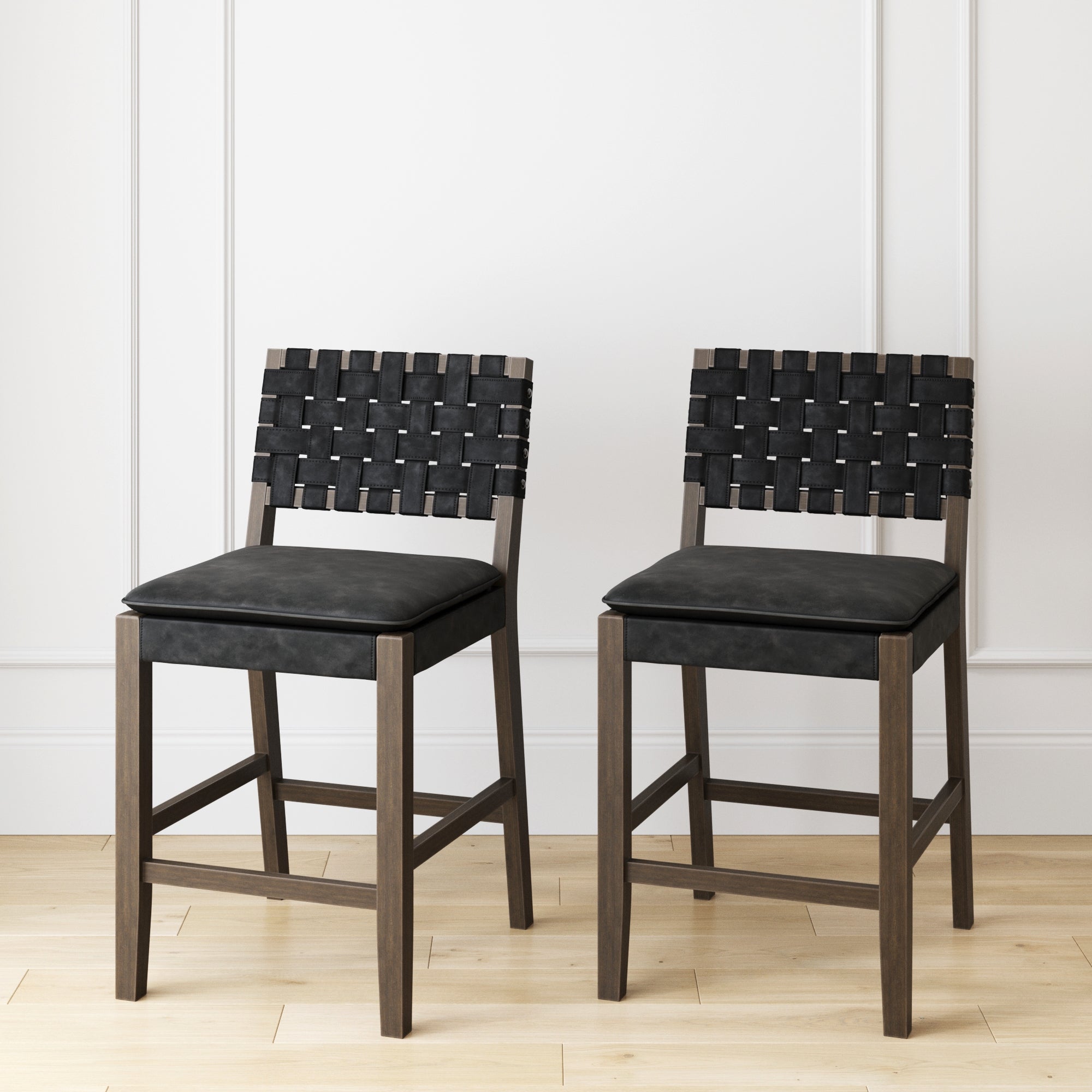 Faux Leather Woven Counter Height Bar Stools Black (Set of 2)