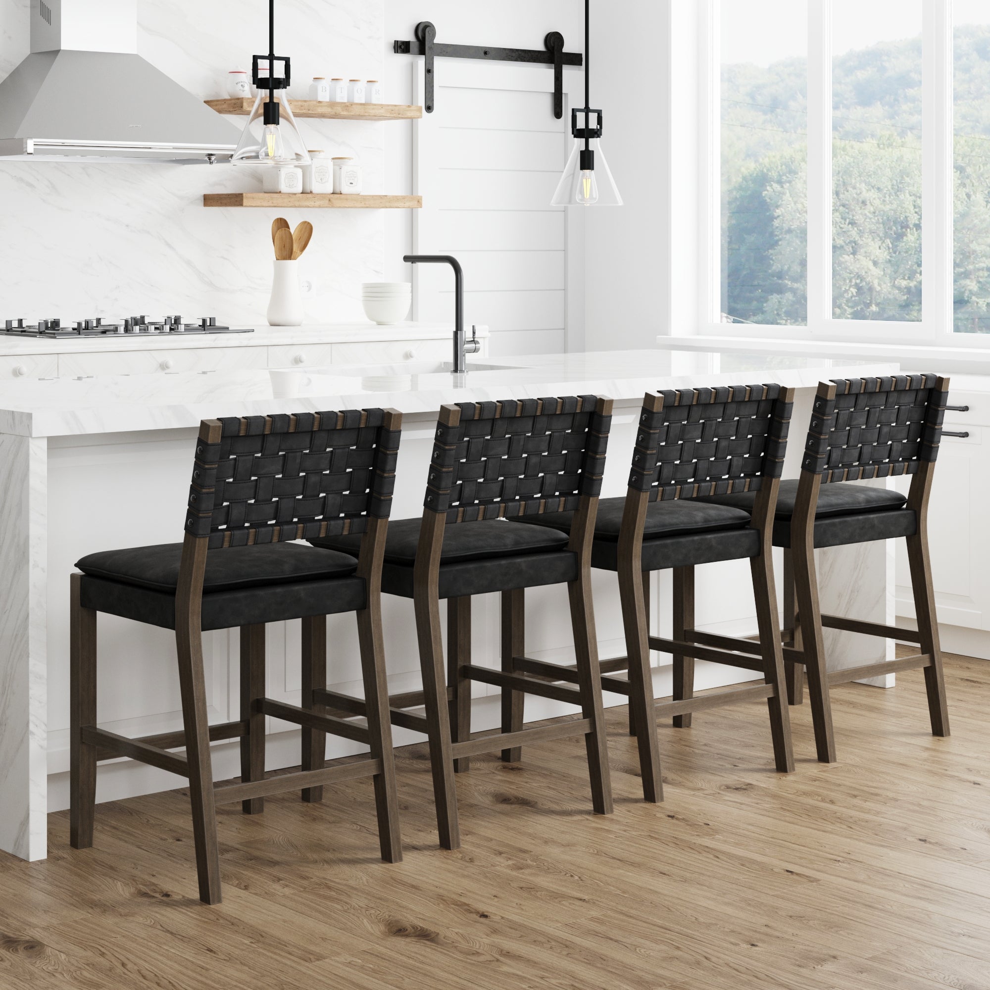 Faux Leather Woven Counter Height Bar Stools Black (Set of 4)