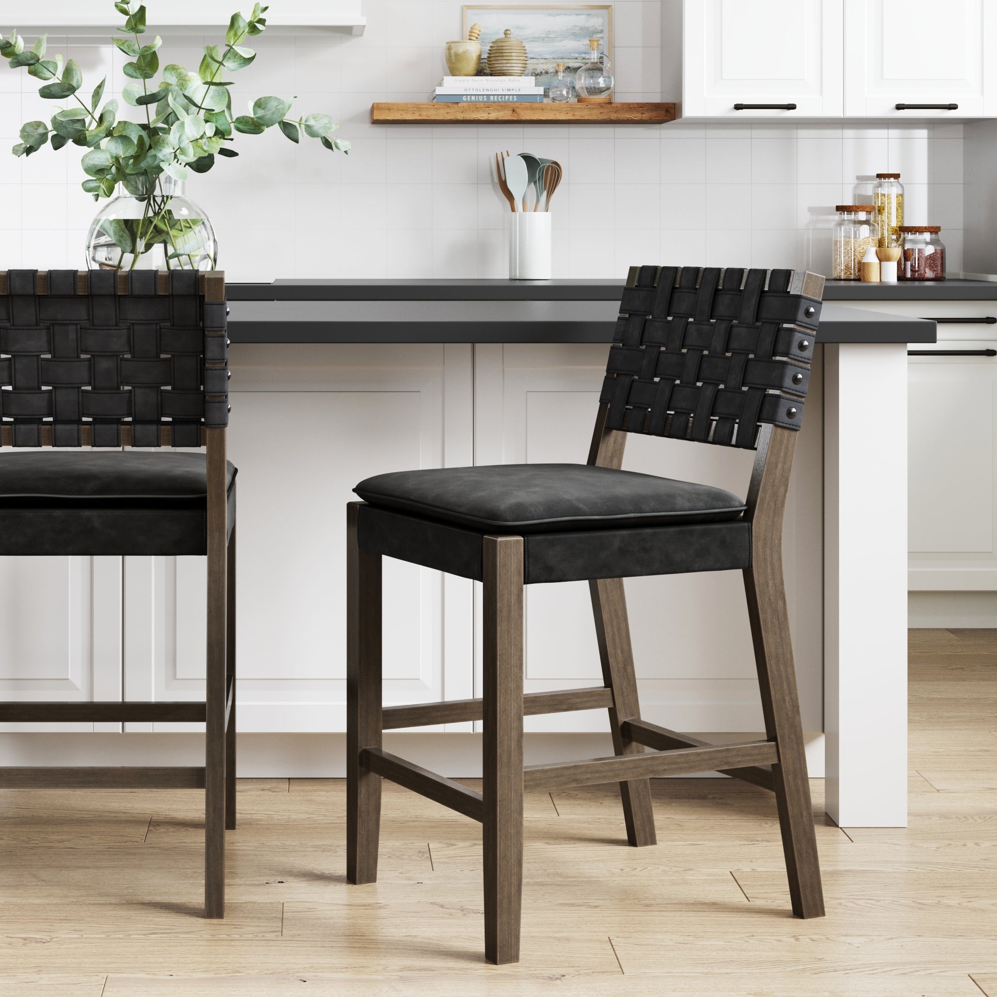 Faux Leather Woven Counter Height Bar Stool Black