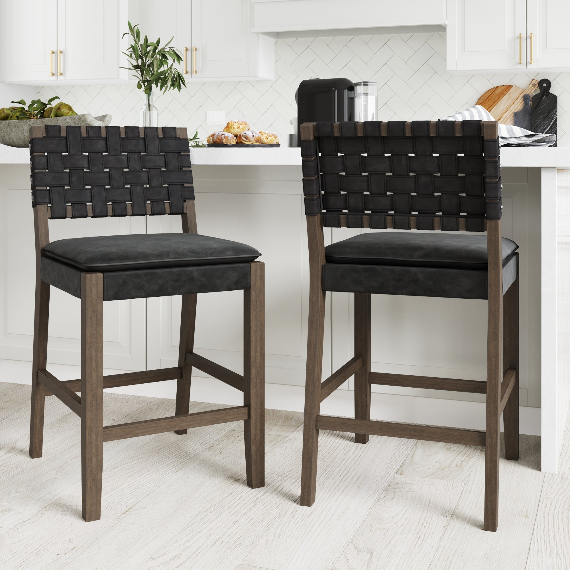 Faux Leather Woven Counter Height Bar Stools Black (Set of 2)