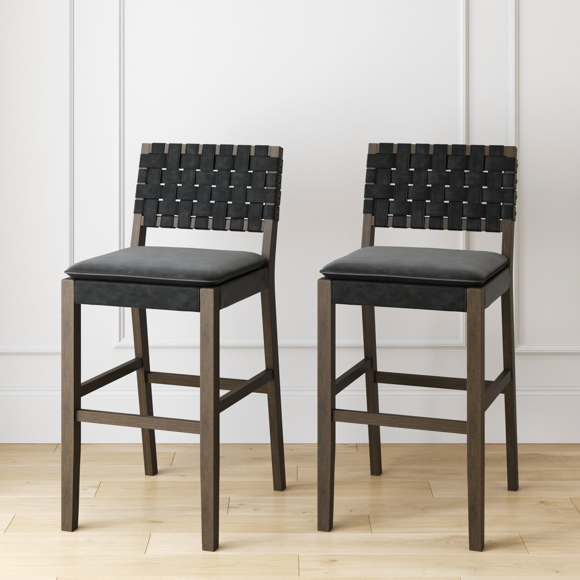 Faux Leather Woven Bar Stools Black (Set of 2)